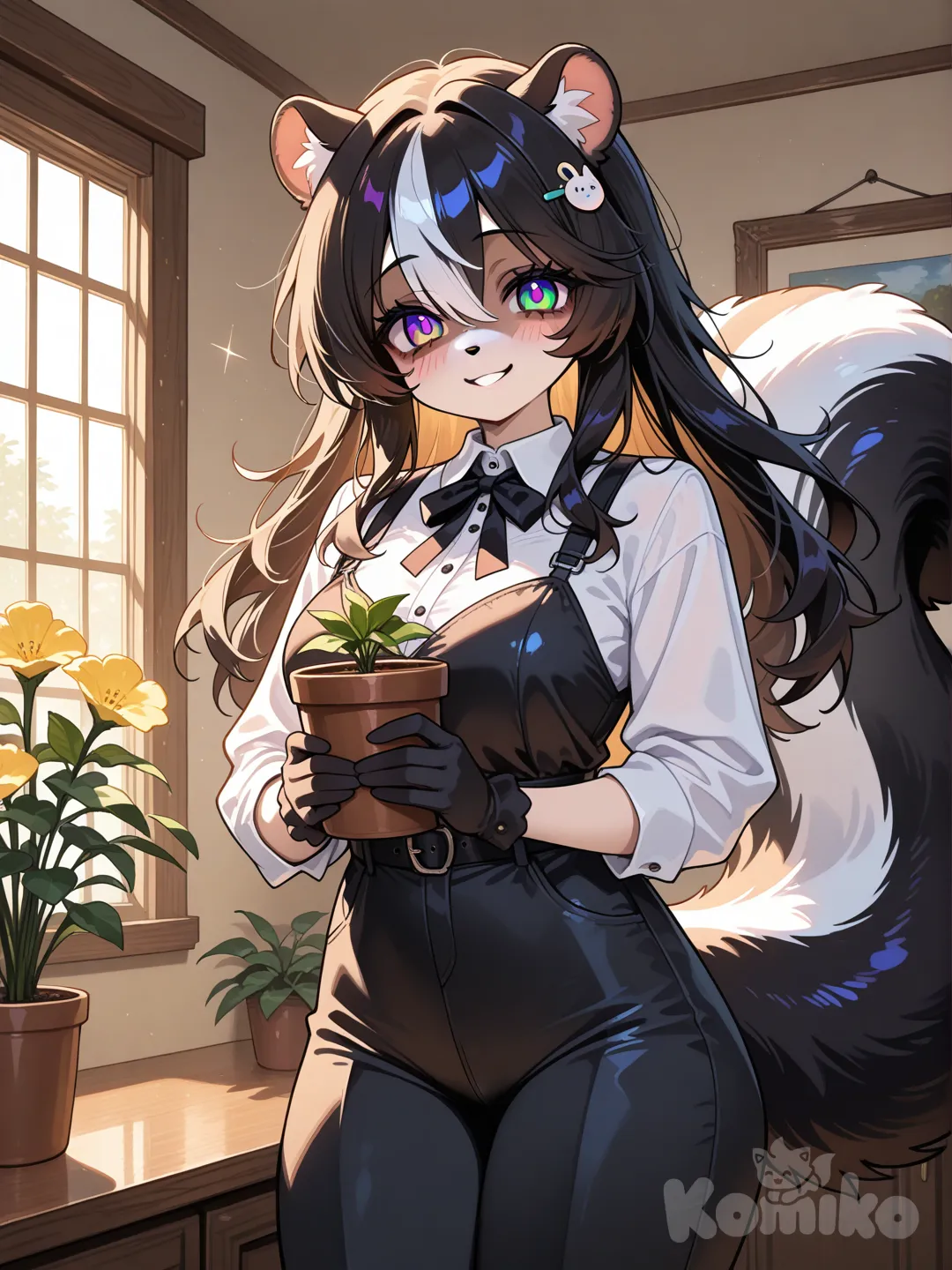 1woman, furry, skunk, long hair, indoor flowers, anthropomorphic character, cute, smiling, colorful fur, vibrant eyes, yandere, ultra-