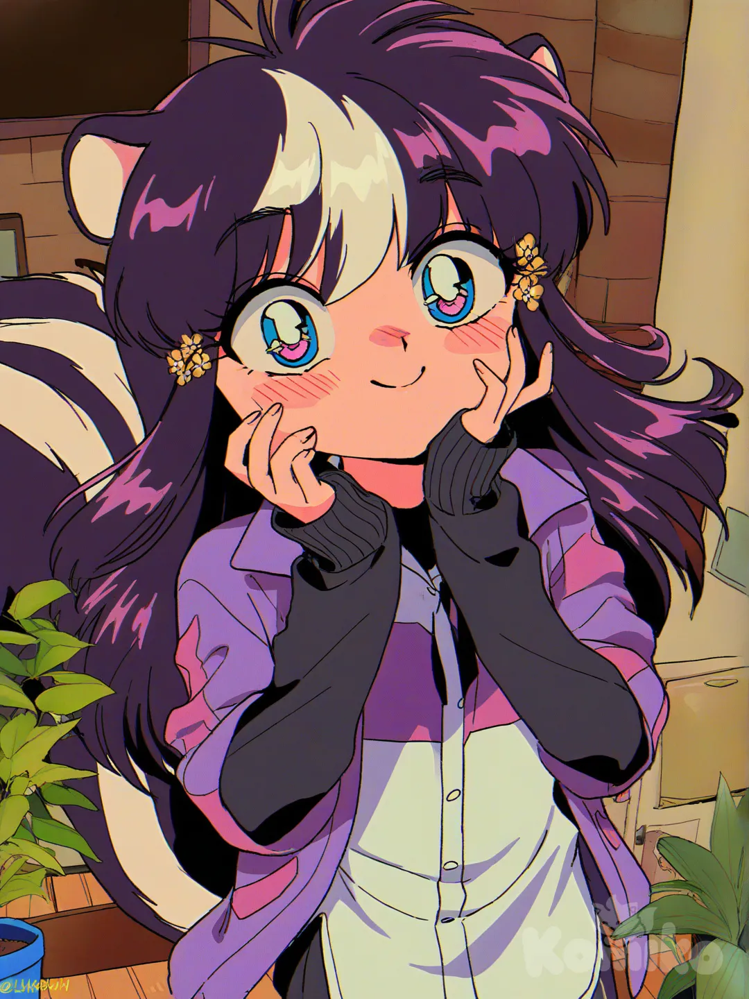 1woman, furry, skunk, long hair, indoor flowers, geterochromia, anthropomorphic character, cute, smiling, colorful fur, vibrant eyes, yandere, ultra-[90s-shojo-style]