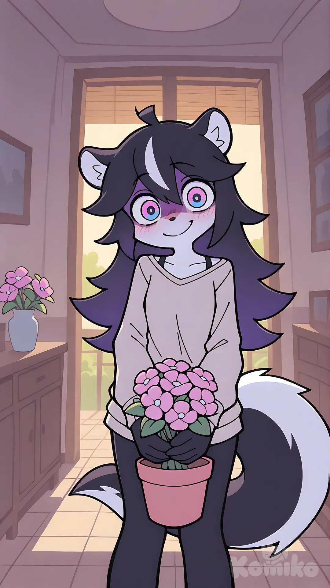 1woman, furry, skunk, long hair, indoor flowers, anthropomorphic character, cute, smiling, colorful fur, vibrant eyes, yandere, ultra-[minimalist-style]
