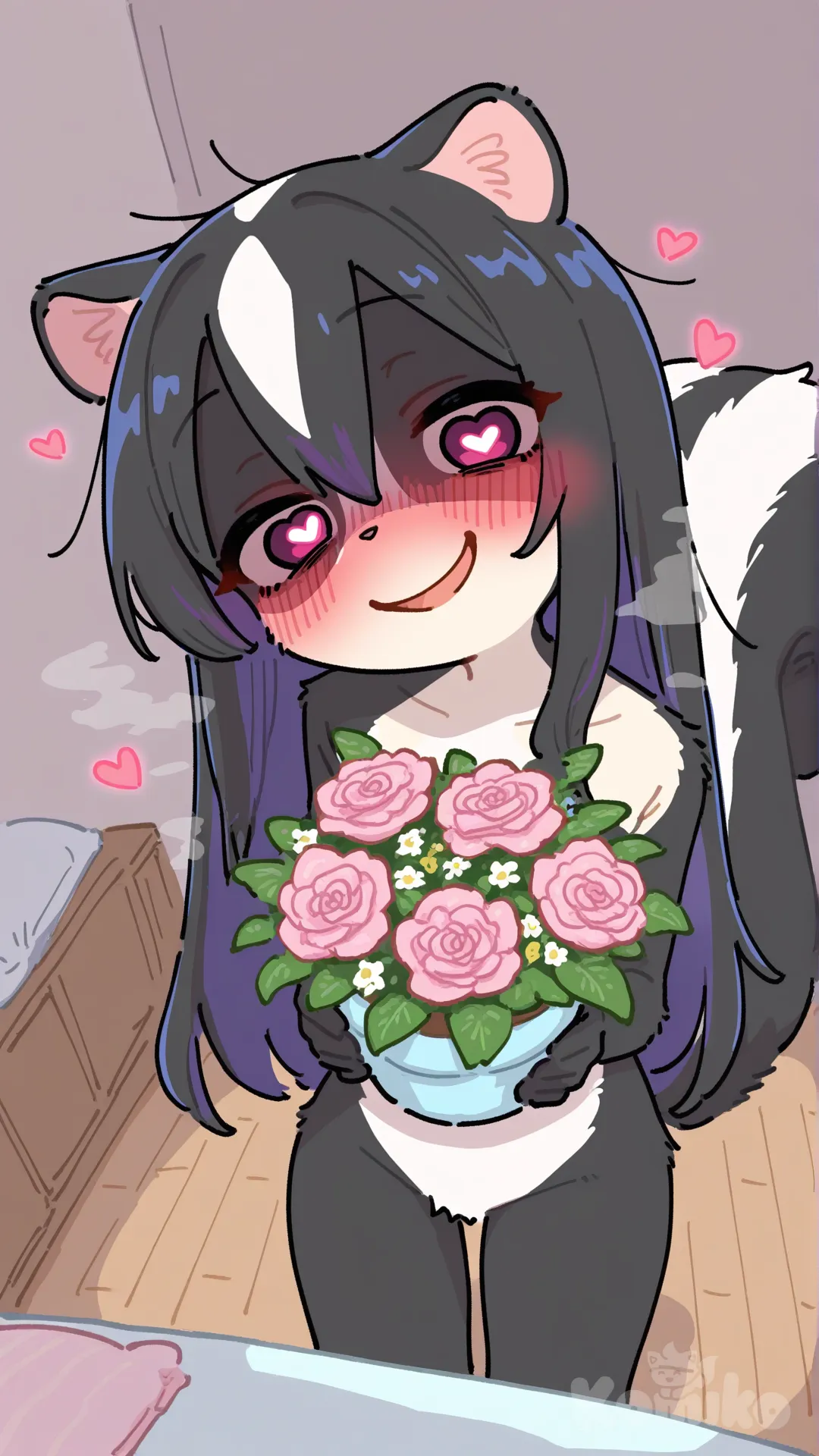 1woman, furry, skunk, long hair, indoor flowers, anthropomorphic character, cute, smiling, colorful fur, vibrant eyes, yandere, ultra-[flat-pastel-style]