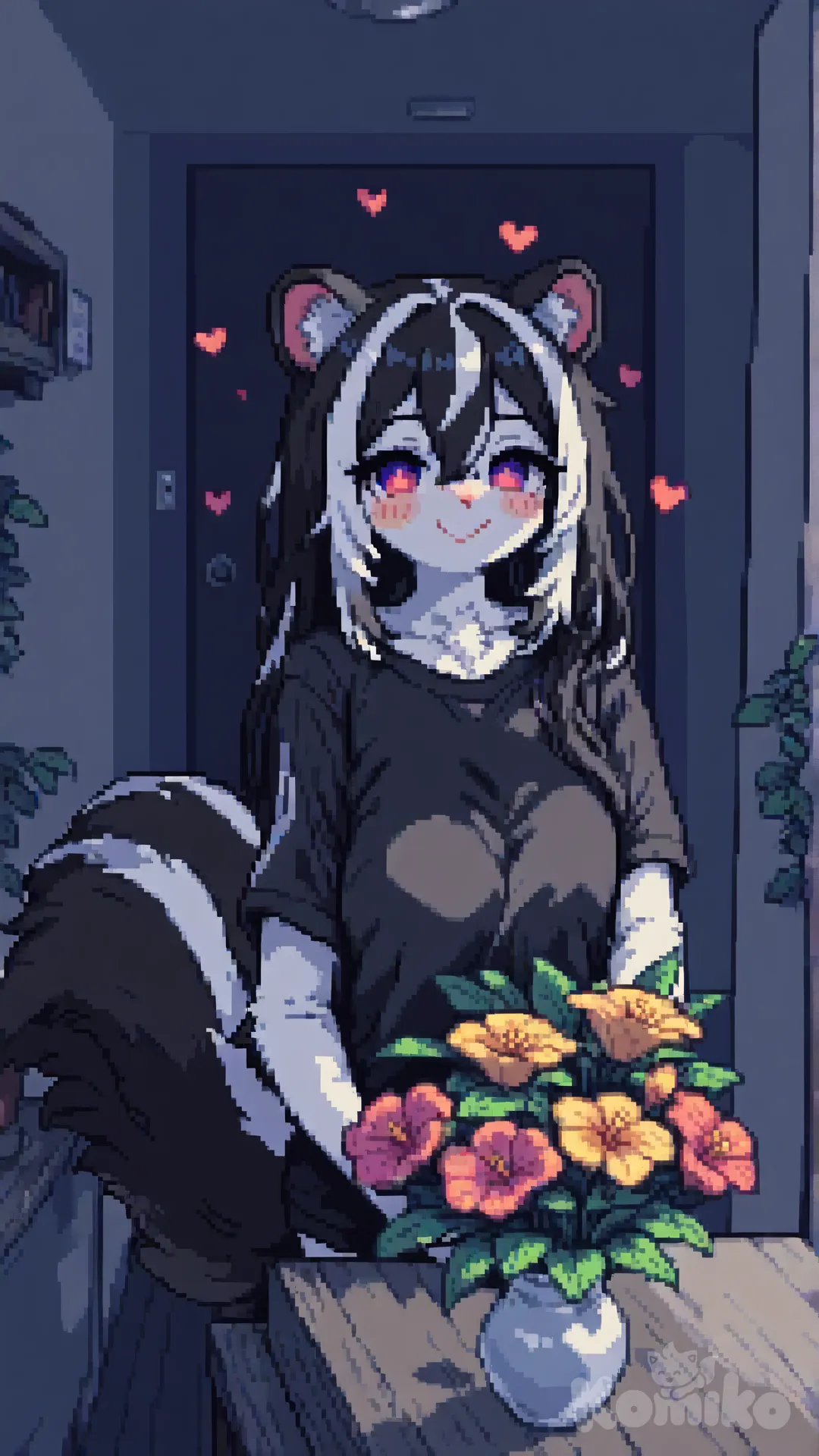1woman, furry, skunk, long hair, indoor flowers, anthropomorphic character, cute, smiling, colorful fur, vibrant eyes, yandere, ultra-[soft-pixel-art-style]