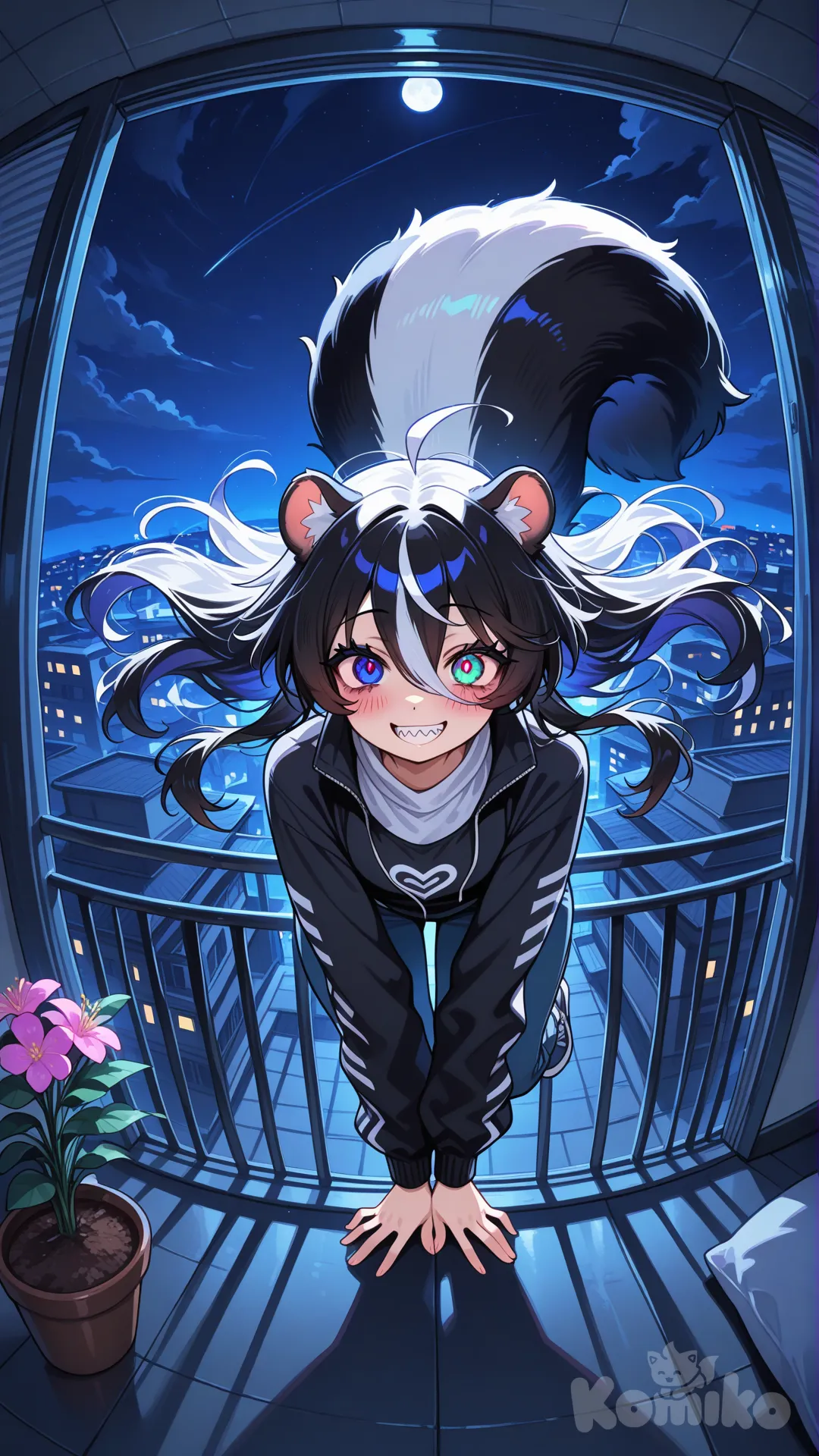 1woman, furry, skunk, long hair, indoor flowers, geterochromia, anthropomorphic character, colorful fur, vibrant eyes, yandere, ultra-jumping from rooftop