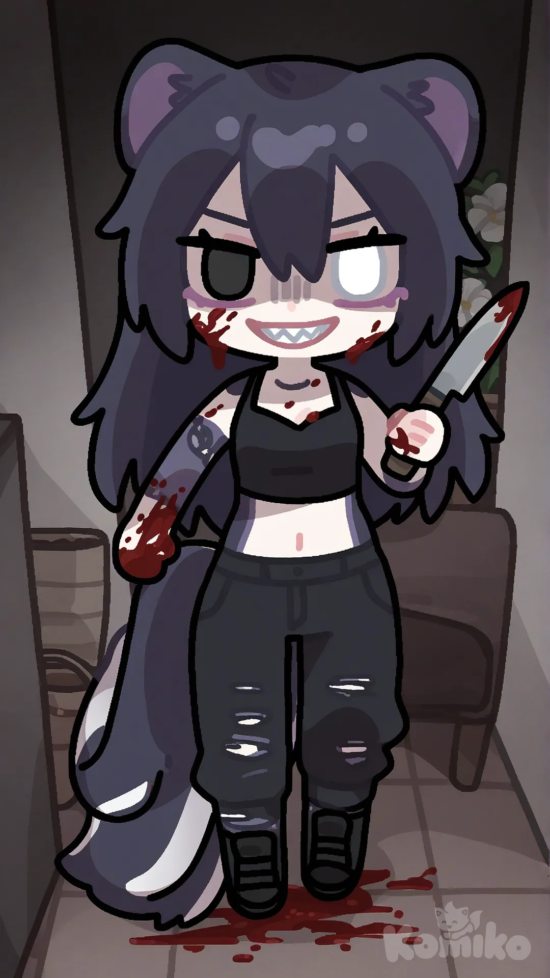 1woman, furry, skunk, long hair, indoor flowers, geterochromia black and white, anthropomorphic character, colorful fur, crop top, vibrant eyes, yandere, ultra-suicide, evil smile, [flat-outline-chibi-style]