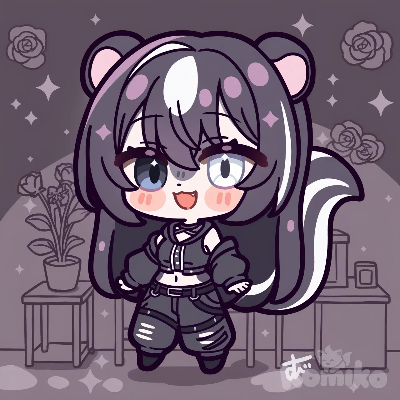 1woman, furry, skunk, long hair, indoor flowers, geterochromia black and white, anthropomorphic character, colorful fur, crop top, vibrant eyes, small breasts, yandere, ultra-suicide, evil smile, [glossy-chibi-style]