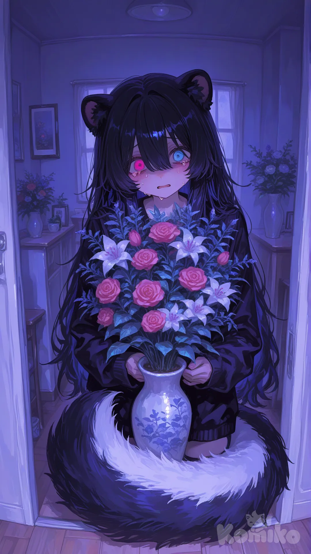 1woman, furry, skunk, long hair, indoor flowers, geterochromia, anthropomorphic character, colorful fur, vibrant eyes, yandere, ultra-crying, [sensual-glossy-style]