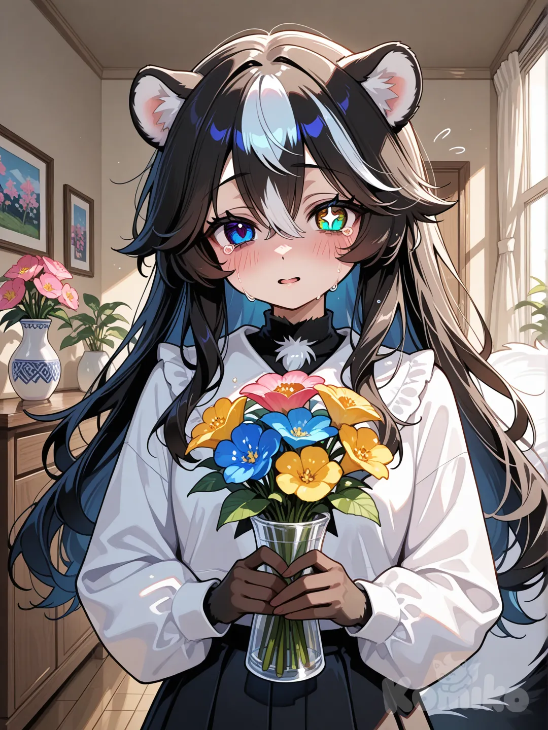 1woman, furry, skunk, long hair, indoor flowers, geterochromia, anthropomorphic character, colorful fur, vibrant eyes, yandere, ultra-crying