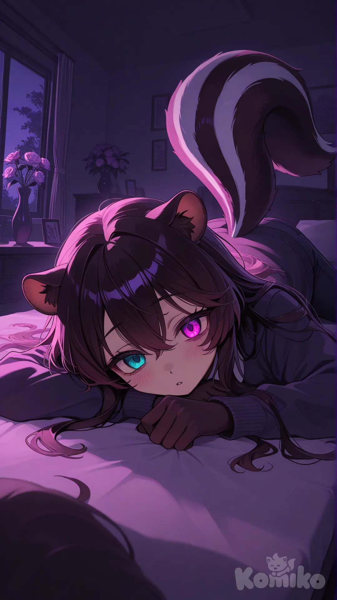 1woman, furry, skunk, long hair, indoor flowers, geterochromia, anthropomorphic character, colorful fur, vibrant eyes, yandere,sleep