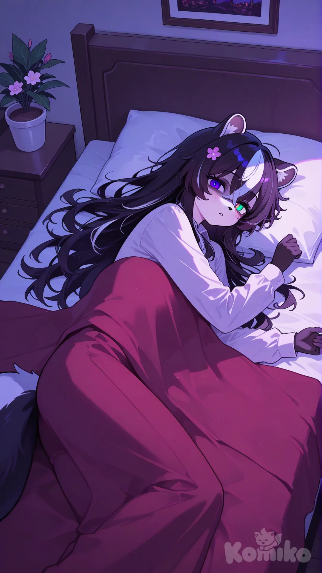 1woman, furry, skunk, long hair, indoor flowers, geterochromia, anthropomorphic character, colorful fur, vibrant eyes, yandere,sleeps in bed