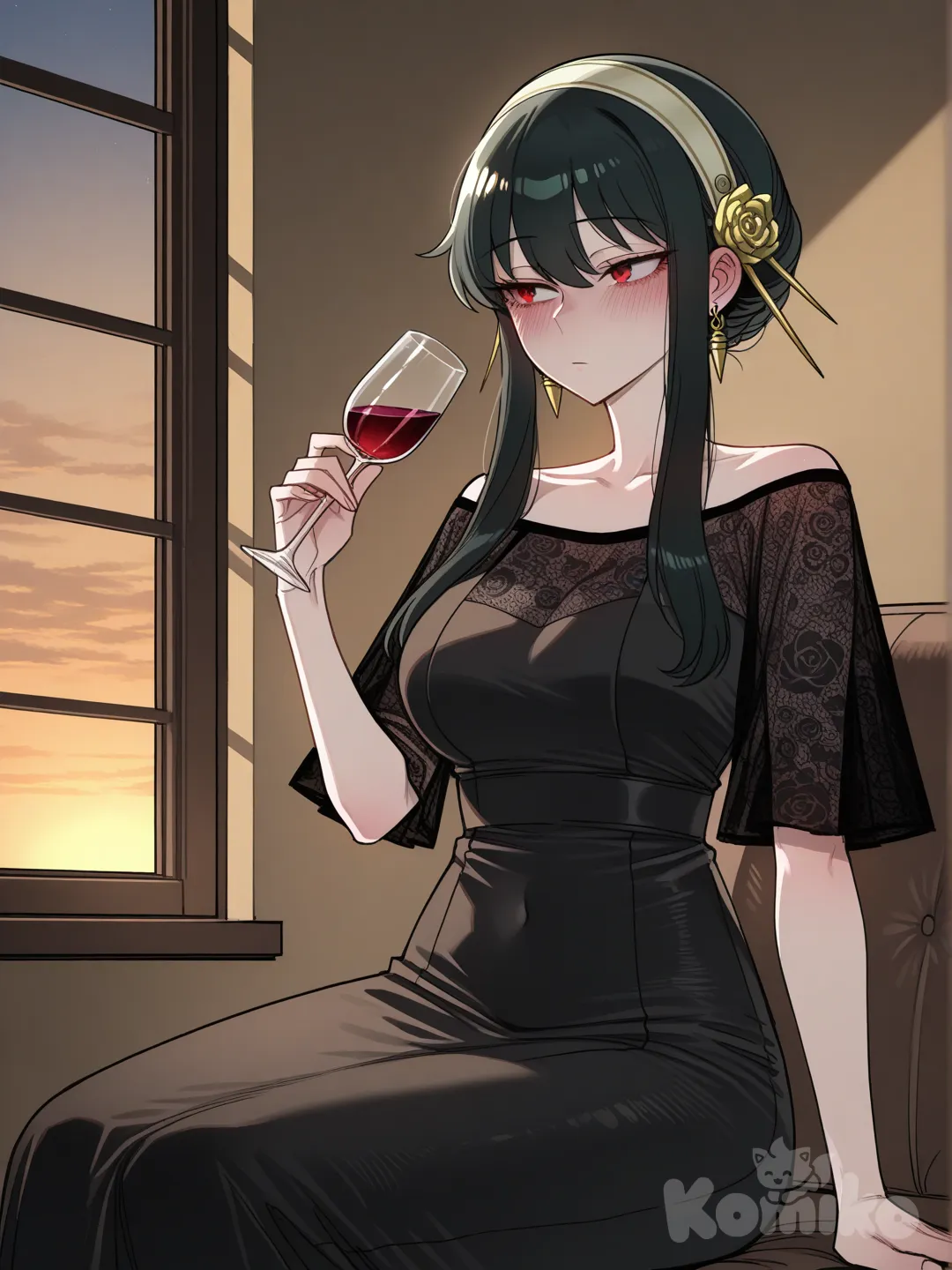 Yor Briar bebiendo una copa de vino de manera tranquila y sin molestar a nadie mientras miraba con nostalgia por aquella ventana. 
Estilo ratatatat74