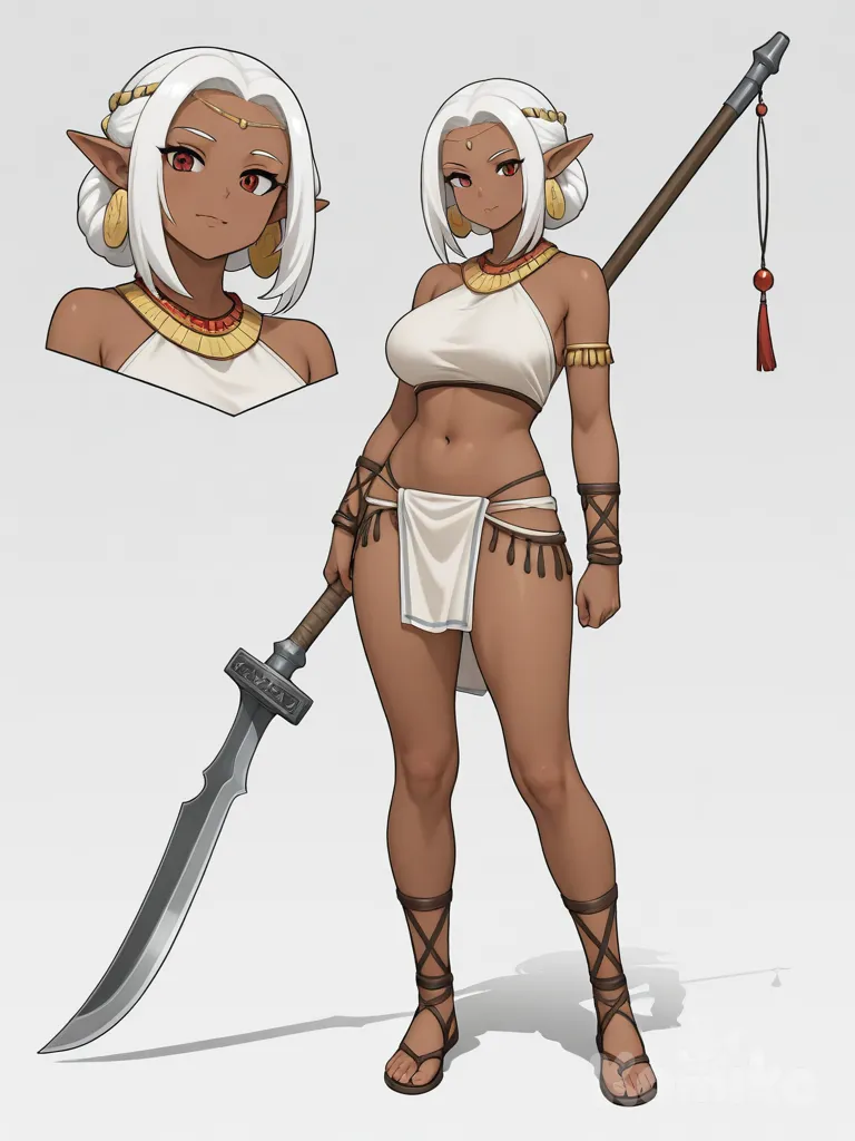 A hand-drawn concept art for a video game character. The style is ancient Chinese, with comic-style lines. The character is a mature female, dark skin 25 years old, with a well-proportioned build, serving as the human incarnation of the mythical beast Lu Wu. She holds a long-handled weapon. Her outfit is in a primitive tribal style, heavily utilizing natural materials with some metal embellishments. She wears a fitted and bold top, complemented by loose yet conservative bottoms. The design is rich in detail. Poses include a standing full-front view and a back view (two views total). She has short, off-white hair with some red strands and feline-like eyes. Her features are lively and delicate, with a sharp gaze. The entire image is on a pure white background, with no lighting or shadows