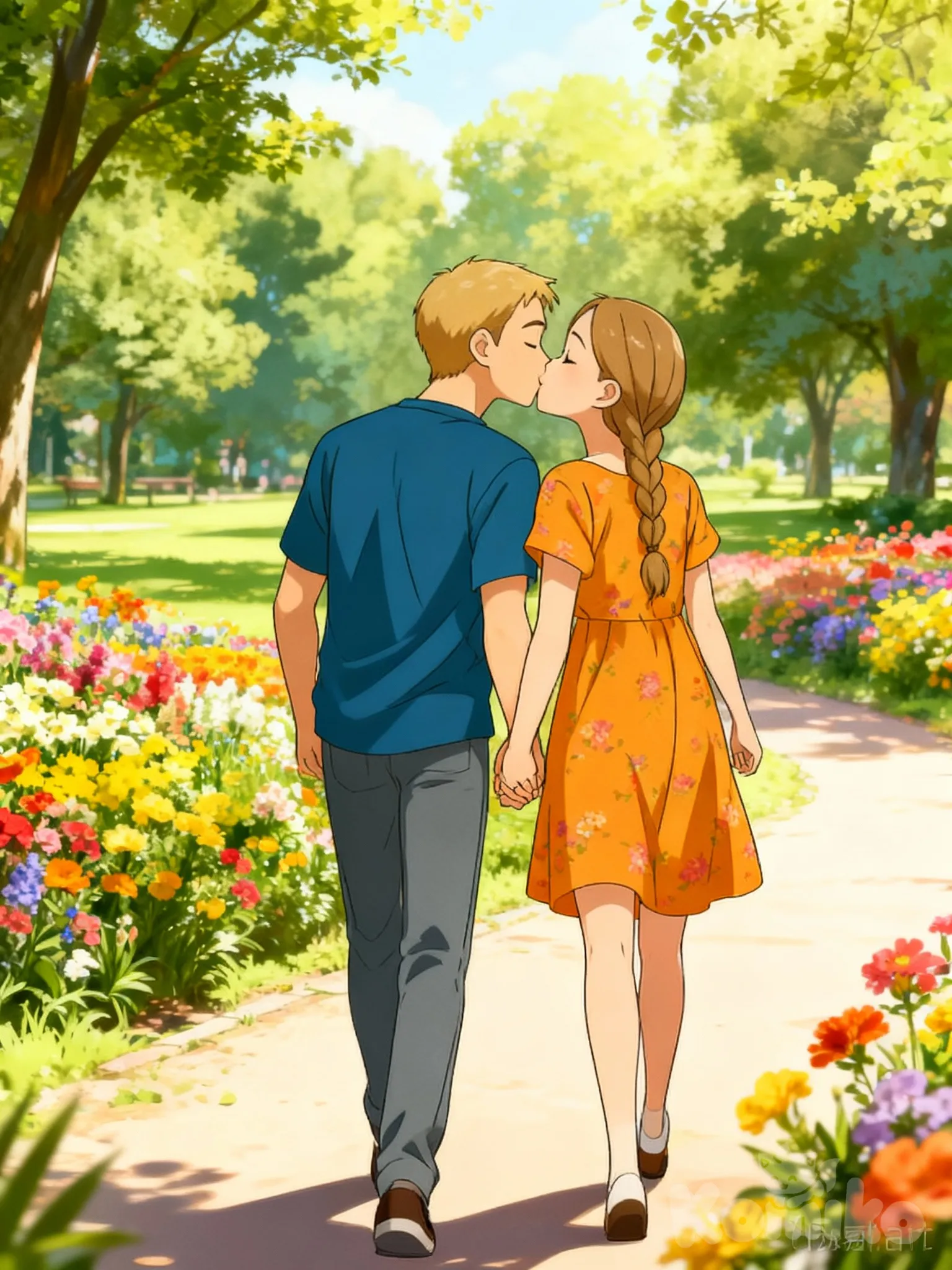 Now generate a Japanese manga-style comic about these same characters walking in the park, holding hands, and kissing.