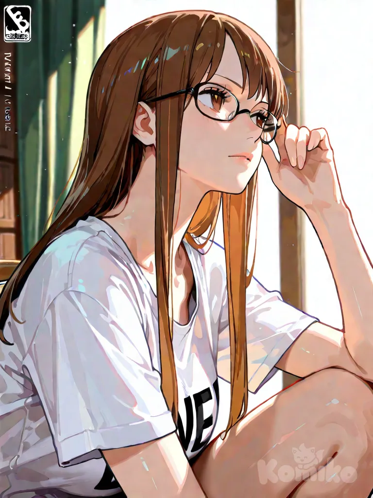 <liza-v1ij>, 1girl, One Piece style, original character in the world of One Piece, teenager, slim, brown hair, straight hair, long hair, brown eyes, fair skin, t-shirt, glasses