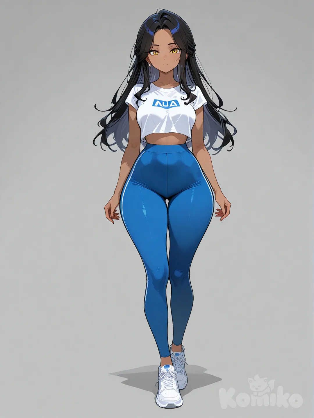 A Brown skin girl, with BLUE legging, with medium size Butt and boobs, her name is Laura