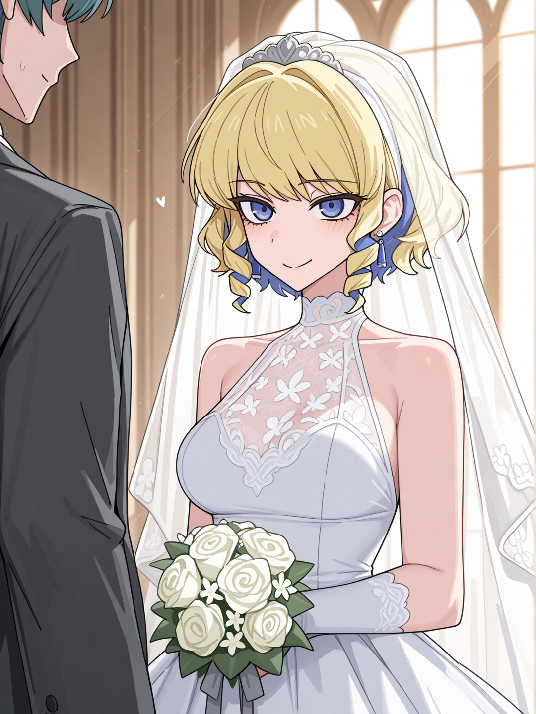 Constance Von Nuvelle, Fire Emblem, Byleth Eisner, Fire Emblem, suit, 1girl, 1boy, tall boy, wedding dress, beautiful, elegant, lace, white dress, bouquet, long veil, sunlight, smiling, stylish, intricate design, radiant, [toon-shaded-style]
