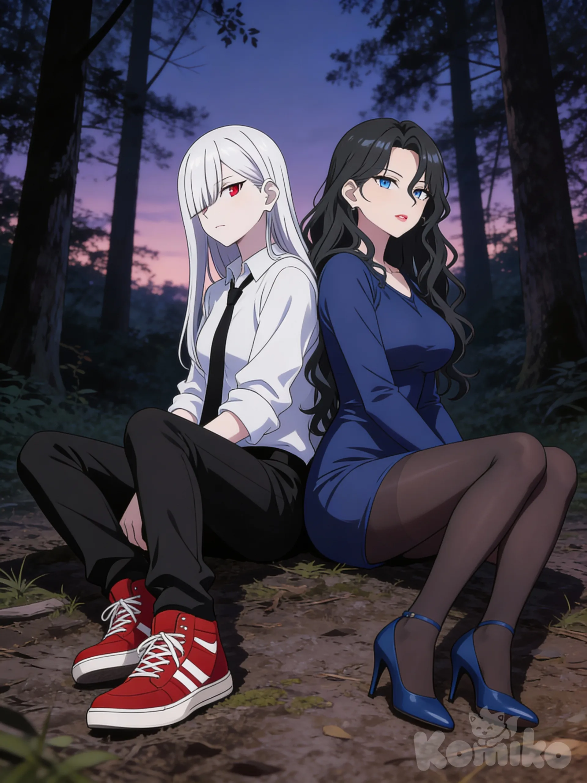 @evelina-8Yfz, @selena-1L3q, [semi-realistic-portrait-style], expressionless, back to back, sitting on the ground, head tilt, sitting on lap, forest, twilight