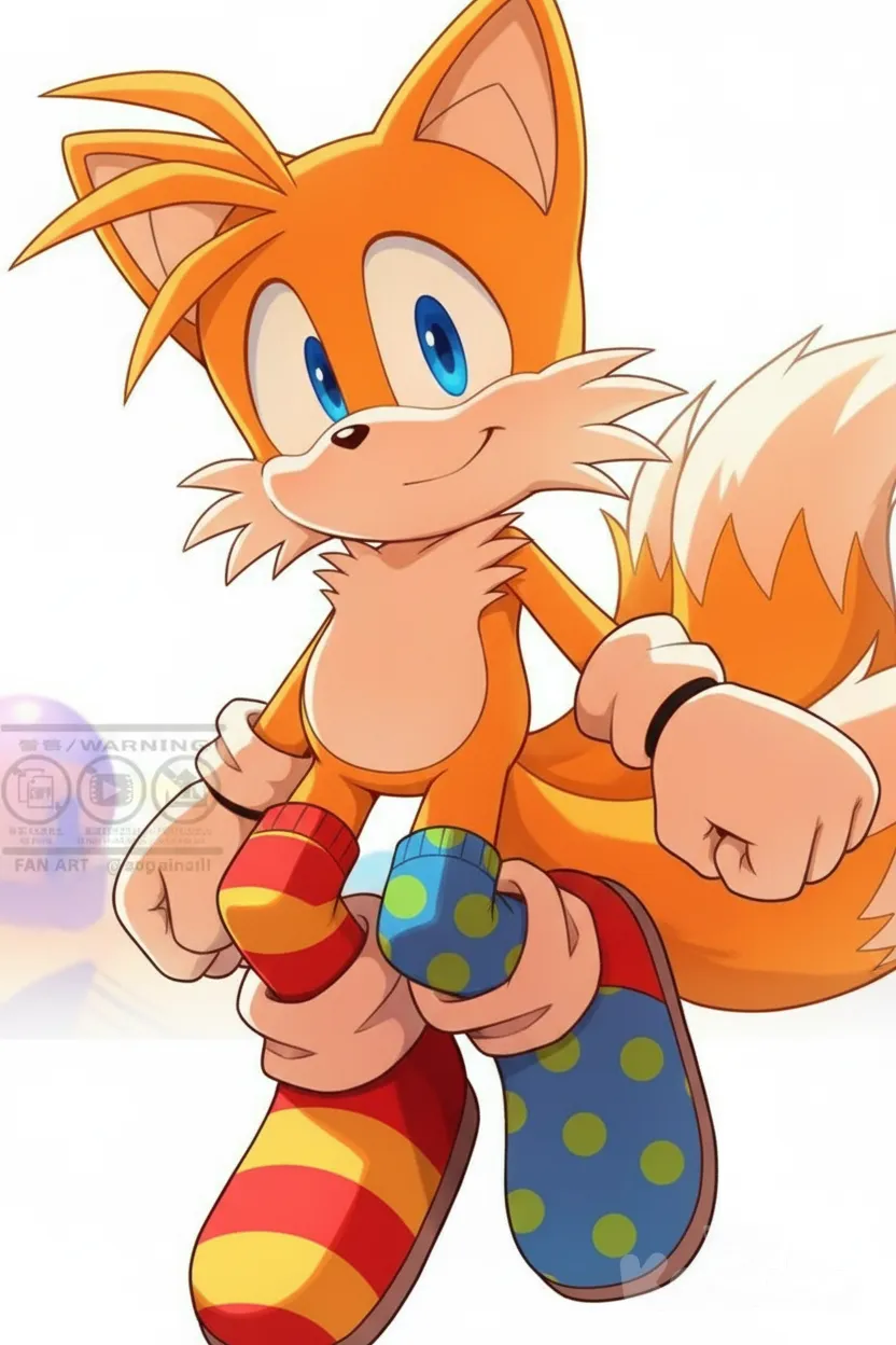 Anthropomorphic orange fox with twin tails and big blue eyes, wearing colorful thigh-high socks, playful mischievous grin, video game-style design, highly fur and accessories, dynamic pose, vibrant colors, clean shading with soft highlights, set against a simple background, reminiscent of a classic action-platformer game