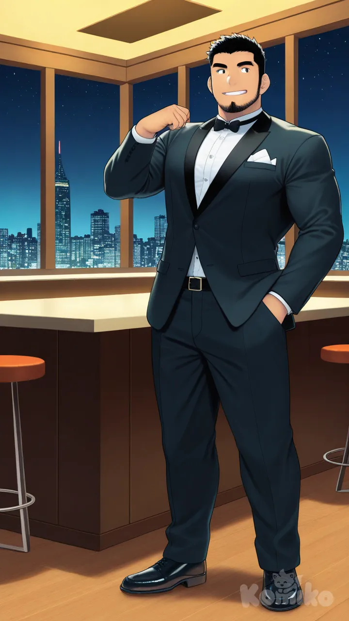 cityscape, starry sky, skyscraper, city lights, full body, tsukudani (coke-buta), tuxedo, bara, black hair, muscular male, adult, Man, beard, Bodybuilder, restaurant, smile, Middle part in hair, shoulder-length hair, dancing
