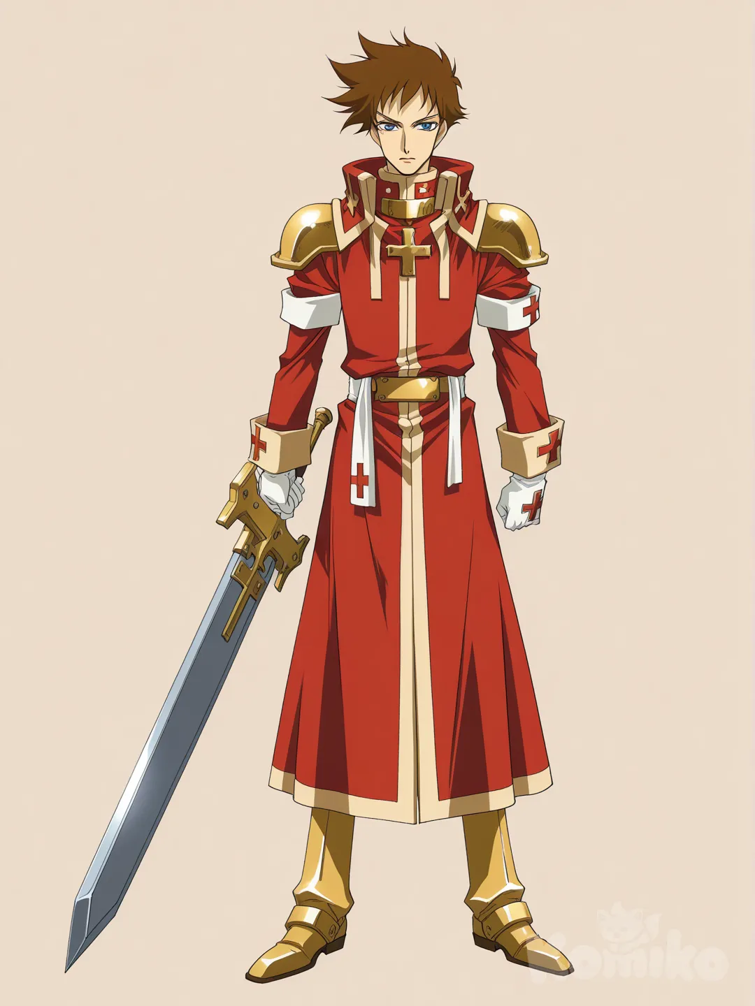 [retro-anime-style] , 1boy, short hair, spiky hair, brown hair, blue eyes, red tunic with a spiky white fur trim and a gothic white cross in the middle and gold trim, gold leg armor, arm sleeves with gold trim, spiked battle gloves, holding sword, large warrior sword, full body, looking at viewer