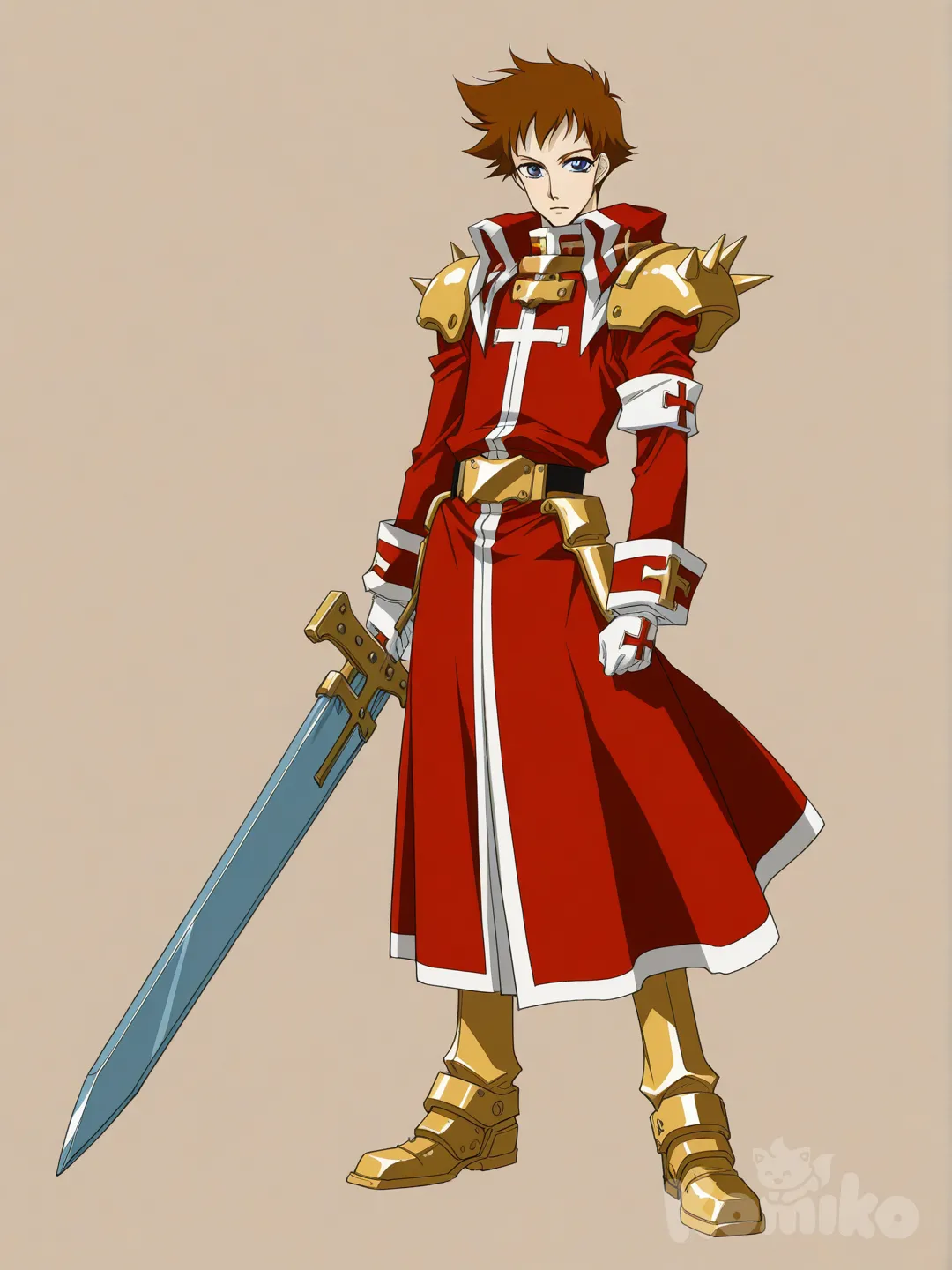 [retro-anime-style] , 1boy, short hair, spiky hair, brown hair, blue eyes, red tunic with a spiky white fur trim and a gothic white cross in the middle and gold trim, gold leg armor, arm sleeves with gold trim, spiked battle gloves, holding sword, large warrior sword, full body, looking at viewer