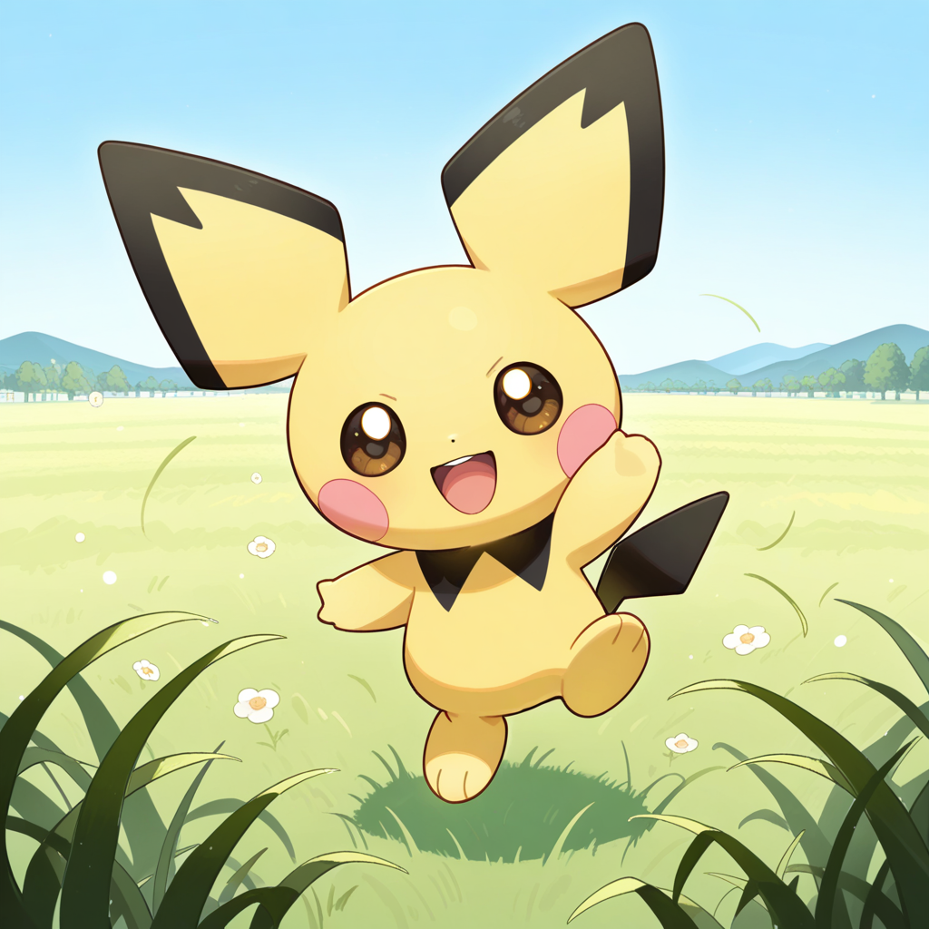 @Pichu, waving, field, smile, day, full body, looking at viewer