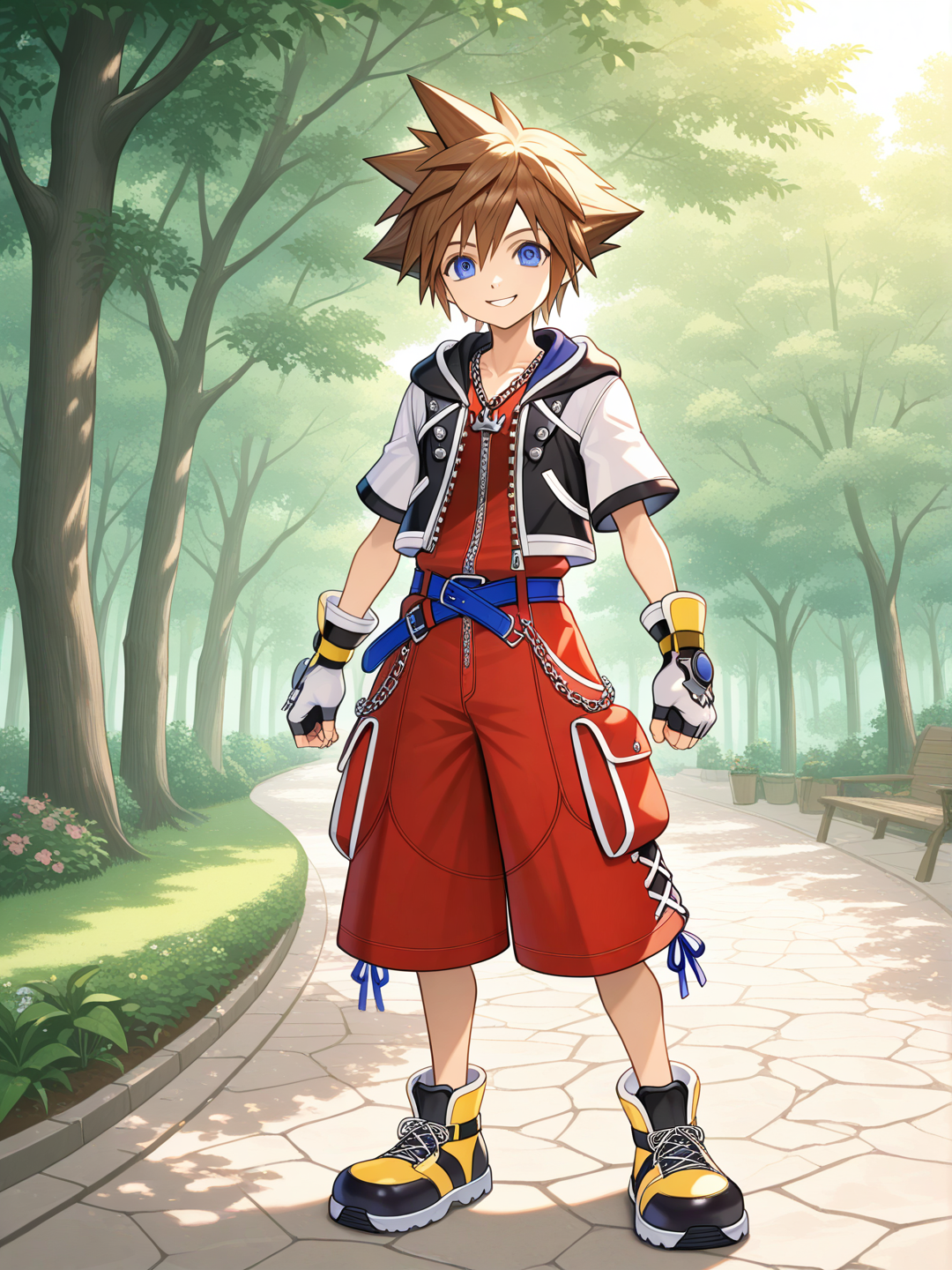 Hiro Mashima Style, sora (kingdom hearts), full body, looking at viewer, day
