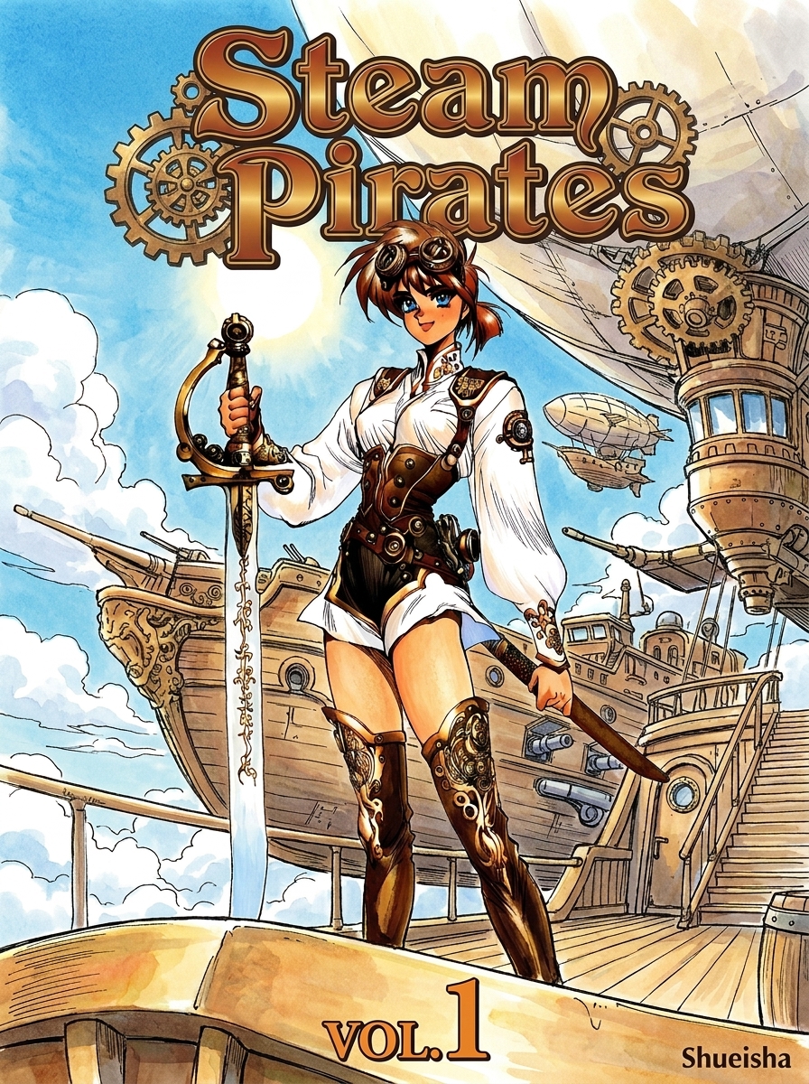 Steam Pirates Manga Cover (1990s Shirow Masamune Style)