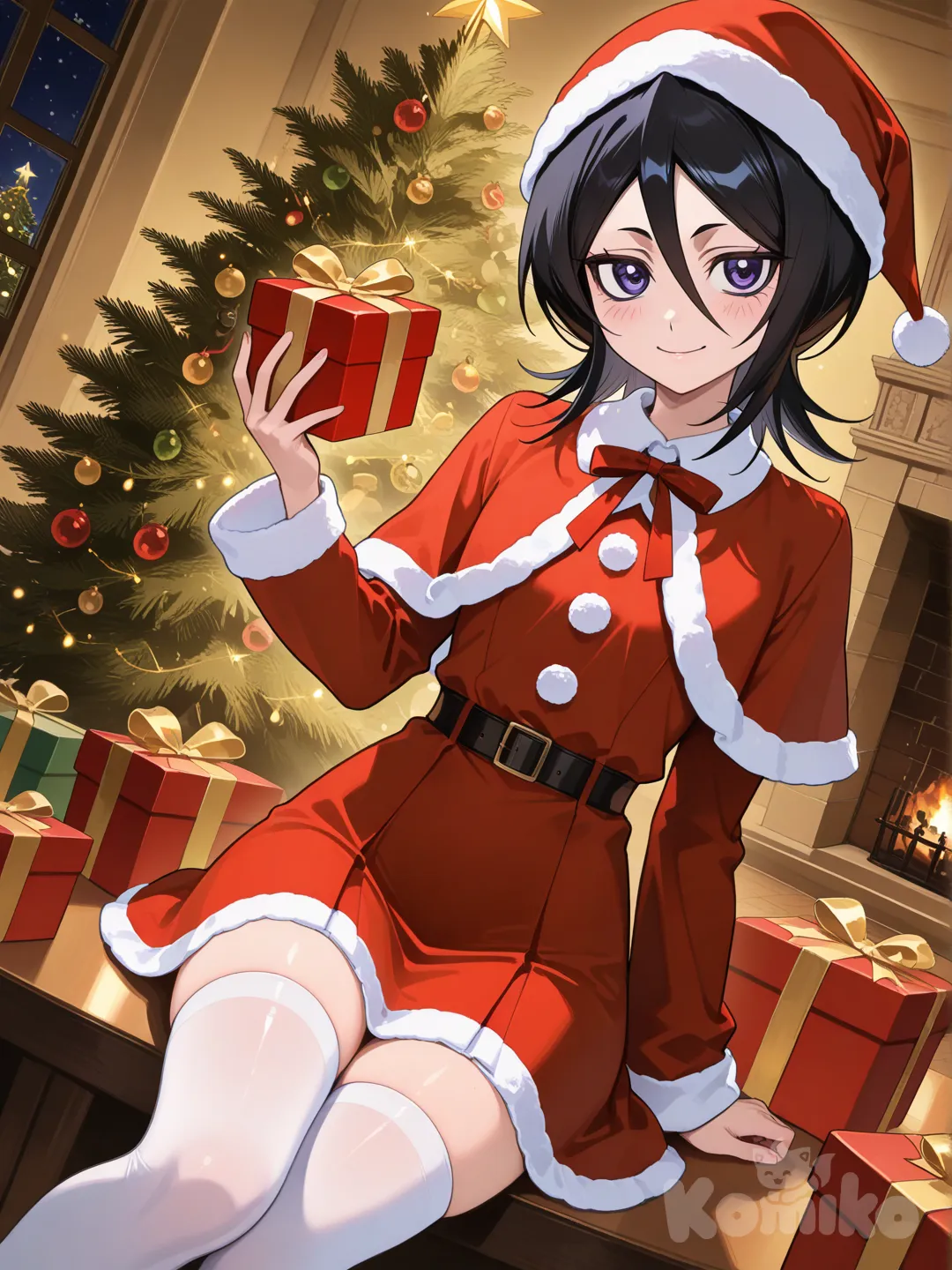 kuchiki rukia,coming out of the gift box dressed in a Christmas outfit christmas tree