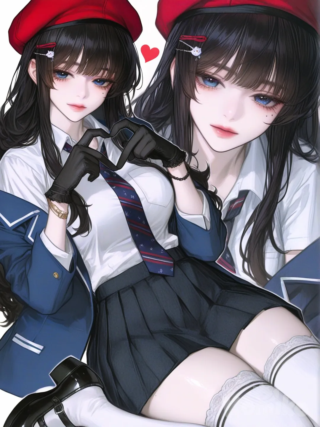 1girl, hair accessory, hairpin, beret, knee-high socks, bracelet, upper body, heart hands, [semi-realistic-portrait-style], @nari-seoyun-j5my, lace, straight bangs, fluffy curls, charcoal black, denim skirt, t-shirt