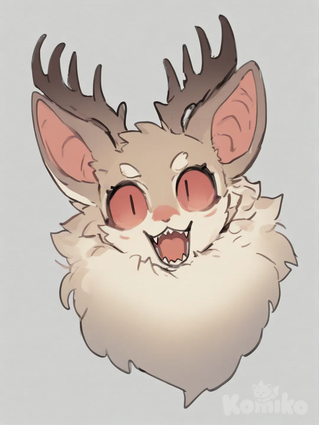 a cute female deer fursona with bat ears, antlers, fangs, and some flight feline features(mostly for the face) , [soft-furry-style]