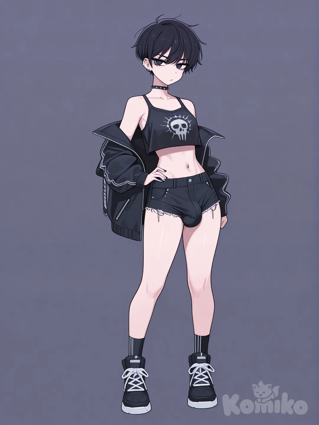 futanari bulge, médium dick,full body, [toon-shaded-style], pixie cut, punk