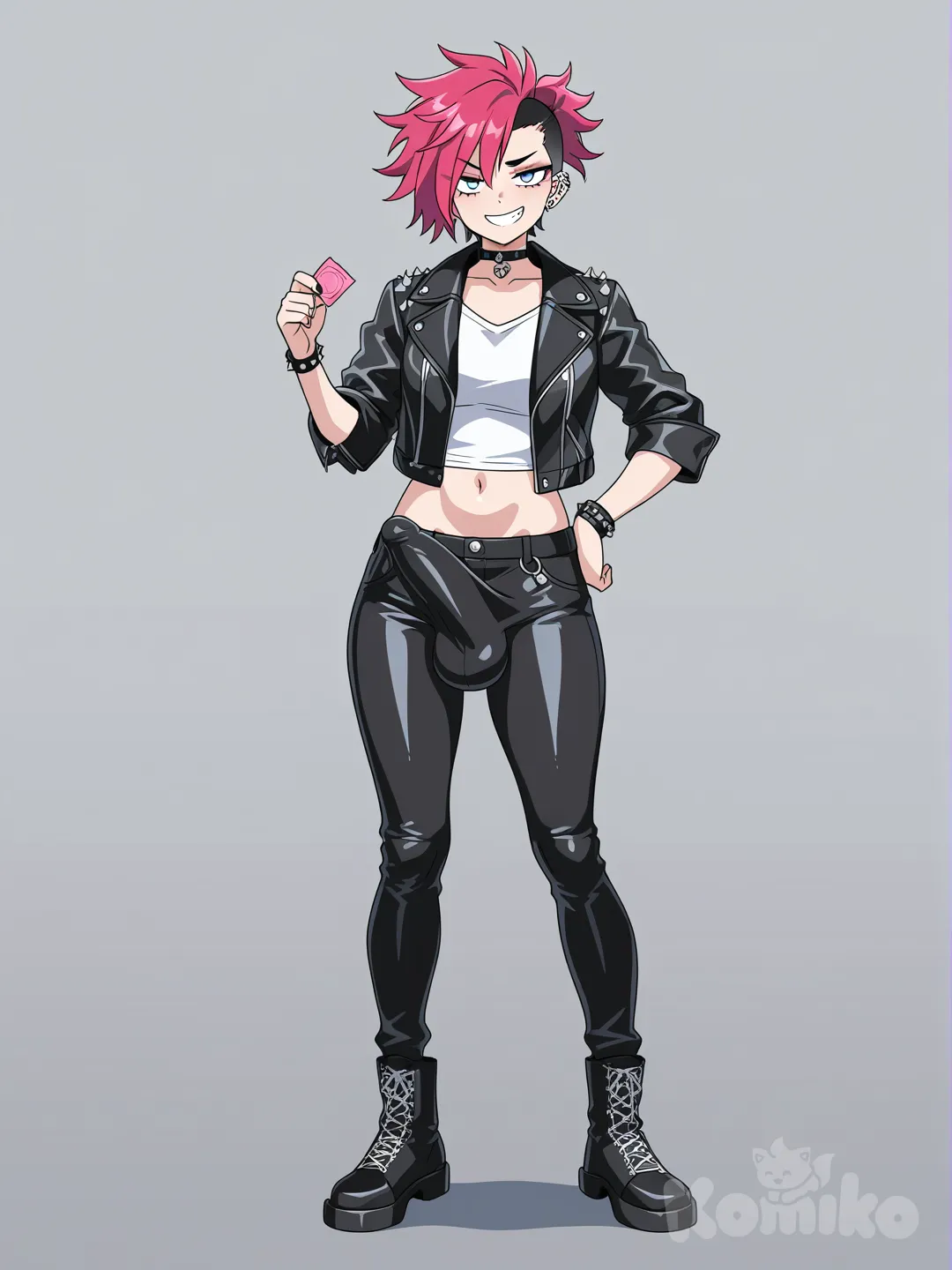 futanari bulge, hard dick, full body, [bright-anime-style], punk , holding a condom