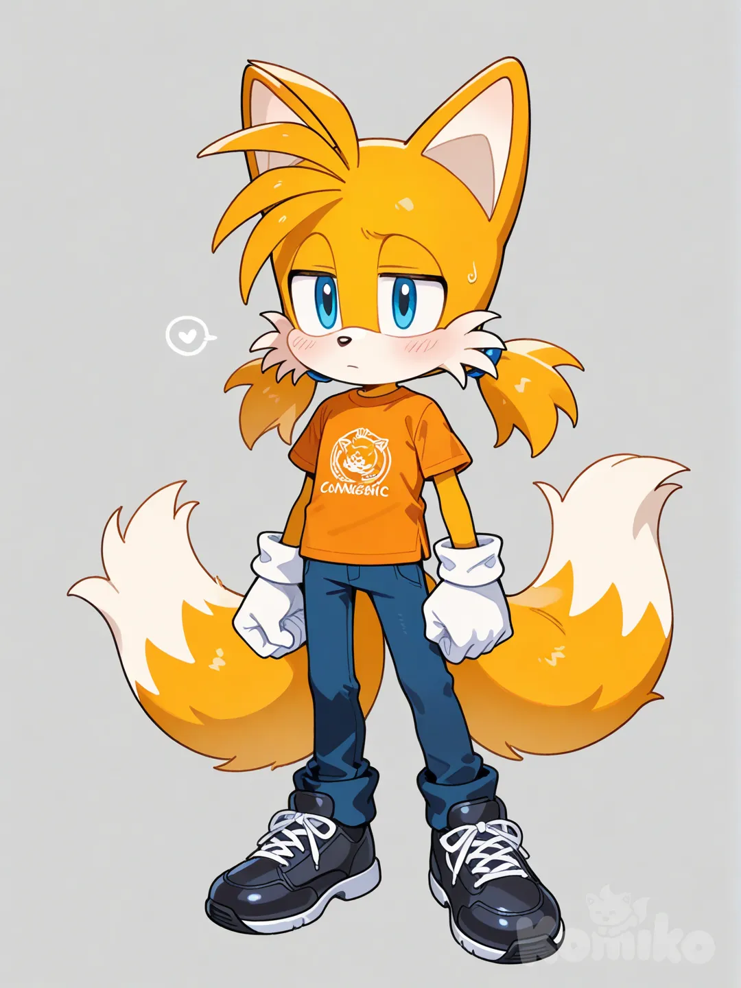 @Tails_(Sonic) camisa naranja pantalón azul marino ,zapatos negros ,guantes blancos