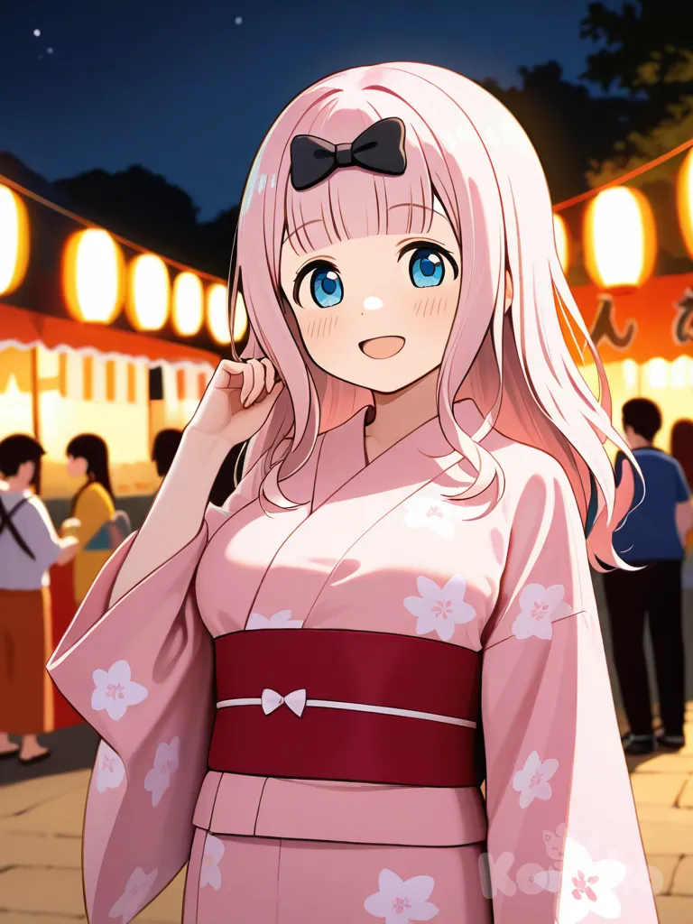 fujiwara chika, pink kimono, summer festival, night