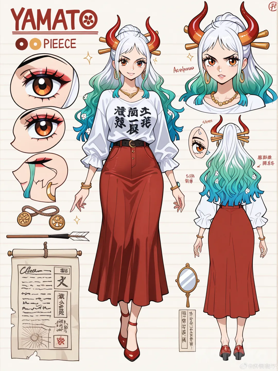 @Yamato_(One_Piece)"Tạo một character design sheet chuyên nghiệp
Ở giữa là hình full body nhân vật giữ nguyên
Bên trái: Phân tích lớp trang phục (layer breakdown) với mũi tên chỉ từng phần: áo ngoài flowing, áo trong, váy, dây buộc, giày.
Bên phải: Chi tiết tóc (hair styles), makeup mắt và môi (eye & lip close-up), phụ kiện (jewelry như vòng cổ, hairpin), nội y gợi cảm, vật phẩm cá nhân (quạt, gương, sách).
Dưới cùng: Biểu cảm khuôn mặt đa góc, bảng màu chính.
Nền giấy cổ kiểu parchment, chữ chú thích tiếng Việt rõ nét, phong cách nghệ thuật anime đẹp lung linh."