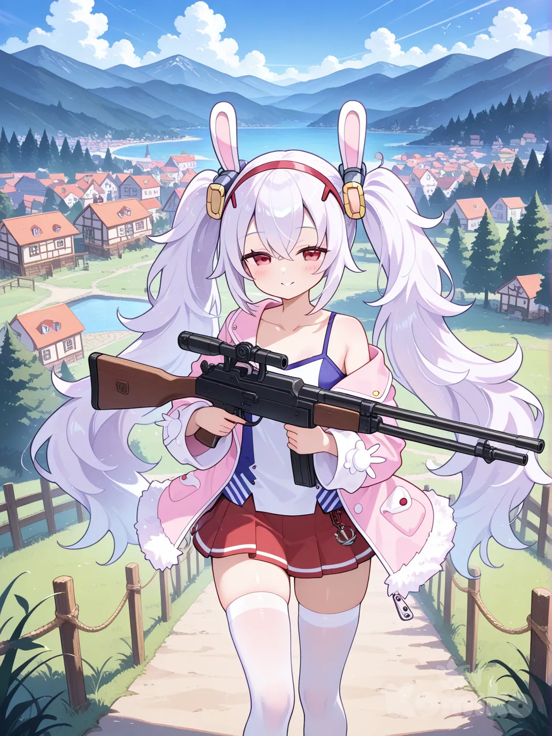 @Laffey_(Azur_Lane), holding gun, smile, village