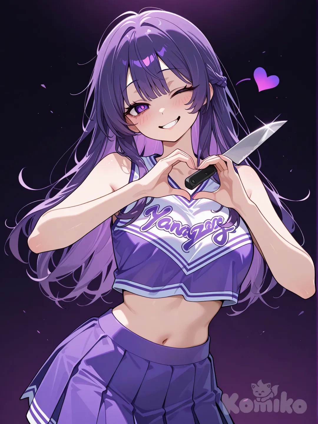 Draw me a purple haired girl who's 14 and tall with a smirk that screams evil and purple eyes , one eye closed, heart hands, head tilted and she has a yandere like style holding a knife but she's a cheerleader