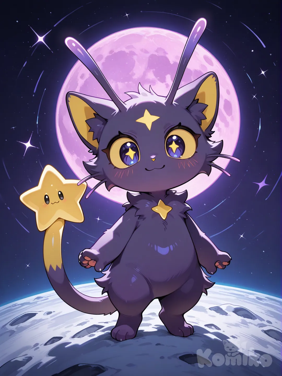 an purple alien cat with 3 eyes 2 on the left and one on the right, he has purple antena and a yellow star for his forehead he's very fluffy and make him on a purple moon his tail has a star at the end on it and he's smiling with his nose being a tiny yellow heart