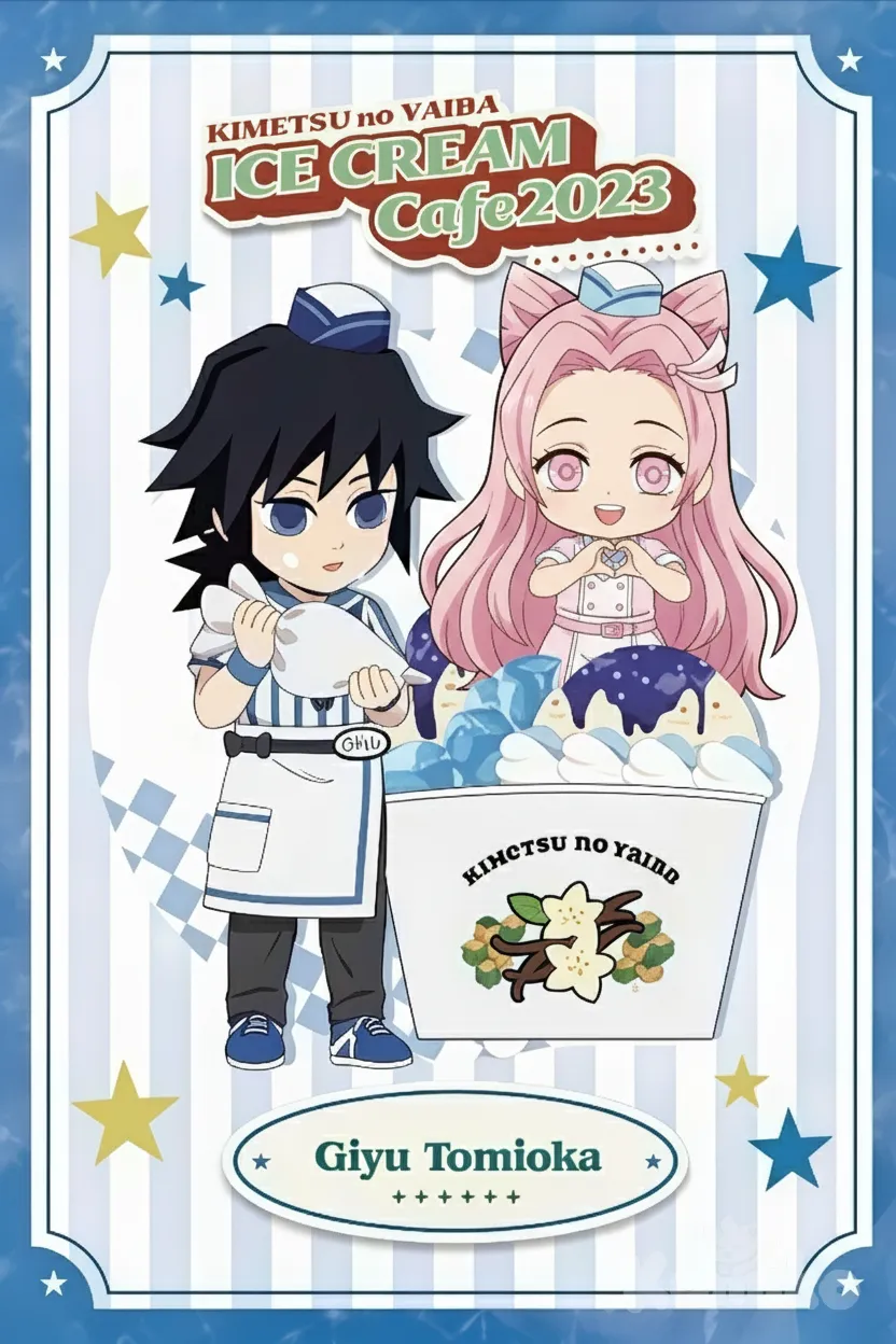 kimetsu no yaiba, giữ nguyên nhân vật nam và thêm 1 nhân vật nữ chibi đừng dằng sau hộp kem, cô mặc trang phục giống như vậy nhưng thay thành váy có màu Hồng phấn, làm pose trái tim, tóc xỉa và dài tới thắt lưng có 2 mái hơi hướng lên ở phía đỉnh đầu, anime style