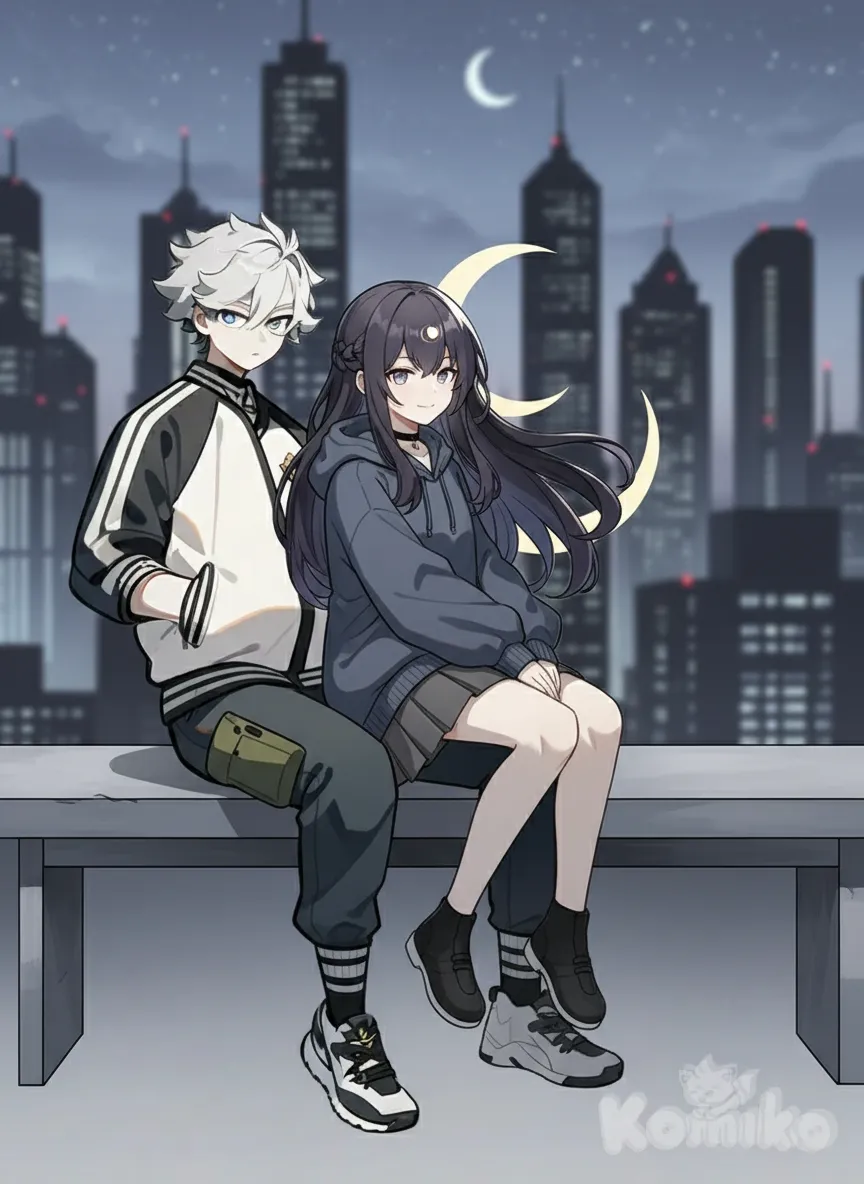 <nyx-nightmare-nemistar-8l3C>, <phantom-spirt-kurayama-GJM5>, Genshin Impact, black and white manga style,
Nyx purple-black long hair, a small strand on either side of her head is a braid.
Nyx sitting on lap, Nyx wearing hoodie, Nyx wearing pleated skirt, Nyx wearing choker,
Phantom has silver hair.
Phantom wearing varsity jacket, Phantom wearing casual pants,
Cold colours for clothes colour scheme.
, full body, blurred background, twilight, skyscraper