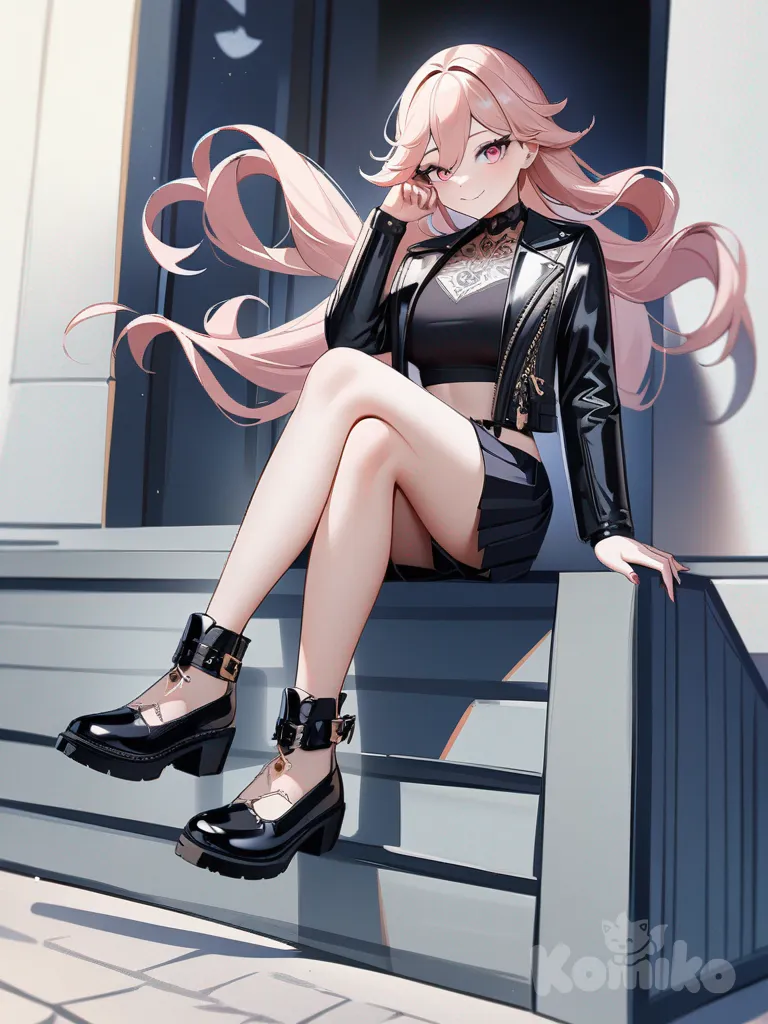 1girl, Genshin Impact, My Hero Academia, lithe physique, anime coloring, cascading silken hair, mesmerizing eyes, fashionable attire, enticing smile, mysterious aura, graceful movements, intricate tattoos, elegant jewelry, teenager, athletic, pink eyes, fair skin, pleated skirt, leather jacket, single character, full body, looking at viewer, anime style, simple background, white background