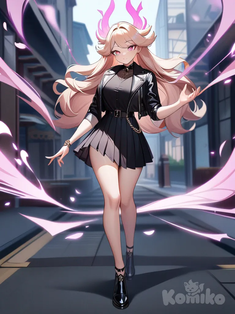 1girl, Genshin Impact, My Hero Academia, lithe physique, anime coloring, cascading silken hair, mesmerizing eyes, fashionable attire, enticing smile, mysterious aura, graceful movements, intricate tattoos, elegant jewelry, teenager, athletic, pink eyes, fair skin, pleated skirt, leather jacket, single character, full body, looking at viewer, anime style, simple background, white background
