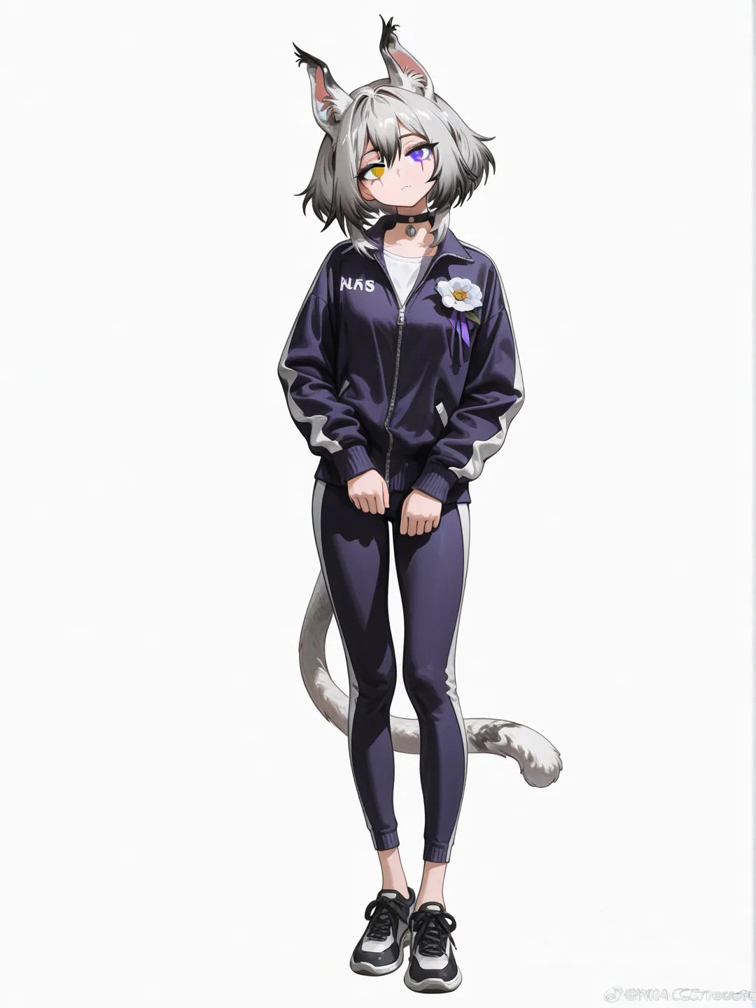 1girl, white_lynx_catgirl, my_hero_academia, cat_ears, cat_tail, teenager, mature, athletic, fair_skin, silvery_cyan_hair, heterochromia, light_purple_left_eye, dark_purple_right_eye, scar_through_left_eye, tracksuit, choker, corsage, single character, full body, looking at viewer, anime style, simple background, white background, [high-gloss-illustration-style], standing, head tilt