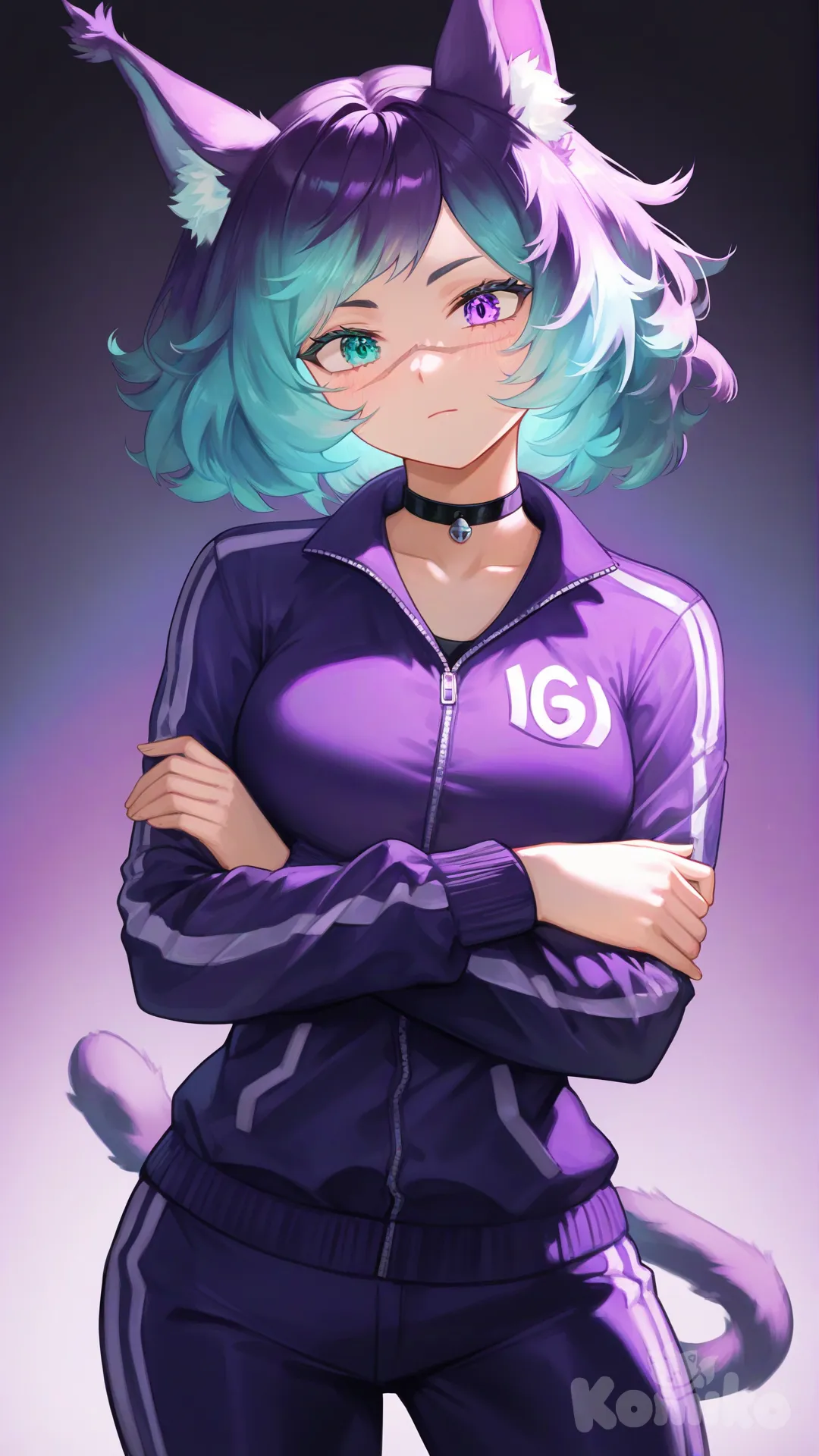 1girl, white_lynx_catgirl, my_hero_academia, cat_ears, cat_tail, teenager, mature, athletic, fair_skin, teal_cyan_hair, heterochromia, lavender_purple_left_eye, dark_purple_right_eye, scar_through_left_eye, feminized tracksuit, choker, single character, full body, looking at viewer, anime style, simple background, standing, head tilt, [moody-glow-style], crossed arms, blurred background, gradient background