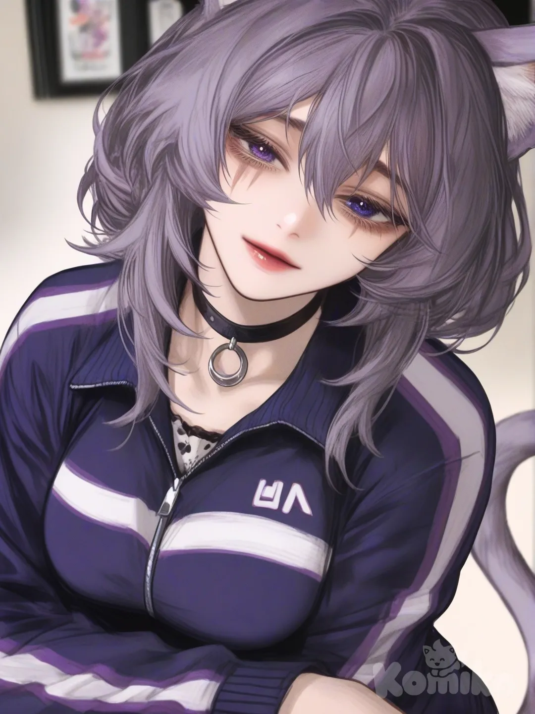 white_lynx_catgirl, my_hero_academia, cat_ears, cat_tail, teenager, mature, athletic, fair_skin, teal_cyan_hair, heterochromia, lavender_purple_left_eye, dark_purple_right_eye, scar_through_left_eye, feminized tracksuit, choker, single character, full body, looking at viewer, anime style, simple background, standing, head tilt, crossed arms, blurred background, gradient background, 1girl , [semi-realistic-portrait-style]