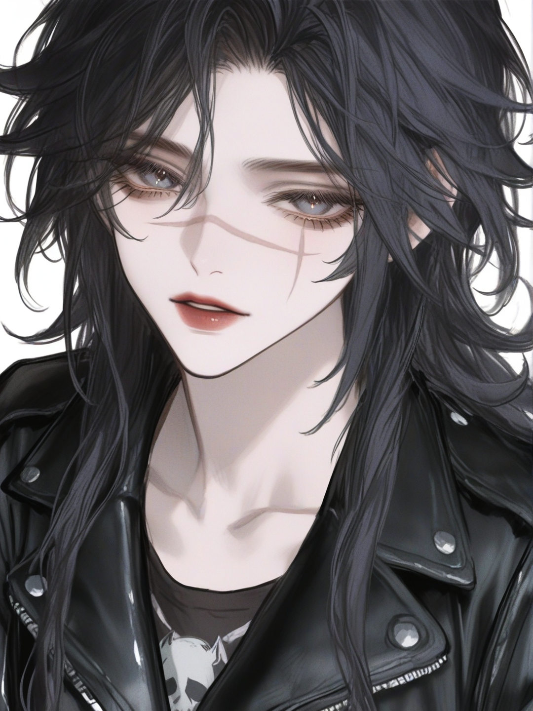 [semi-realistic-portrait-style] 1girl, vintage comic, cel shading, genshin impact style, marvel style, superhuman, athletic, slim, teenager, gray eyes, scar, punk leather jacket, pencil skirt, straight hair, wavy hair, side-parted hair, single character, full body, looking at viewer, simple background, white background
