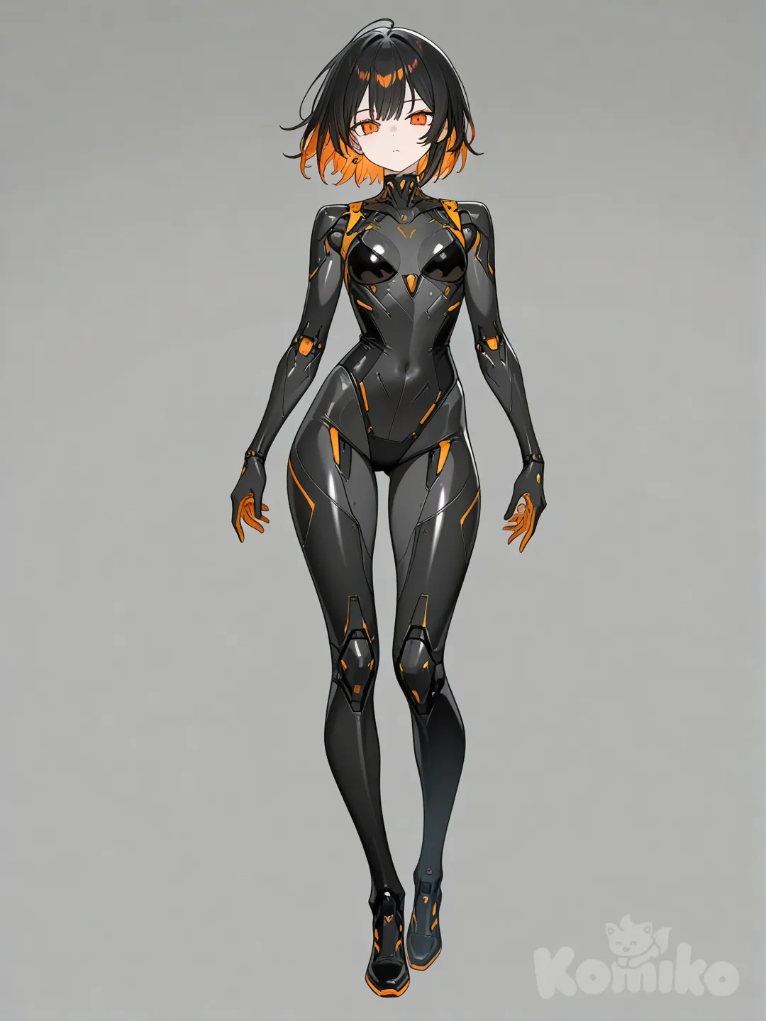 Female Cyborg, has two-tone hair (half black, half orange), orange eyes, slender build, looking at viewer, full body, clean background