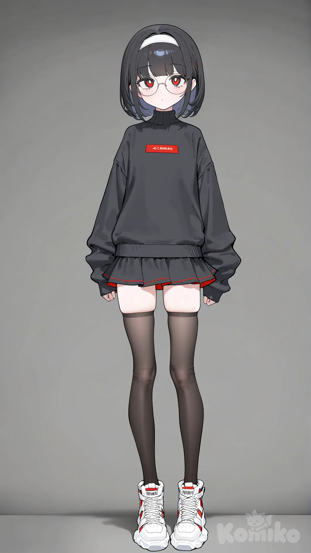 Chica pequeña, ojos rojos, cabello negro corto, diadema, gafas redondas, sudadera ligera negra y negra , falda lisa corta negra con rojo, calcetas negras largas, cuerpo completo