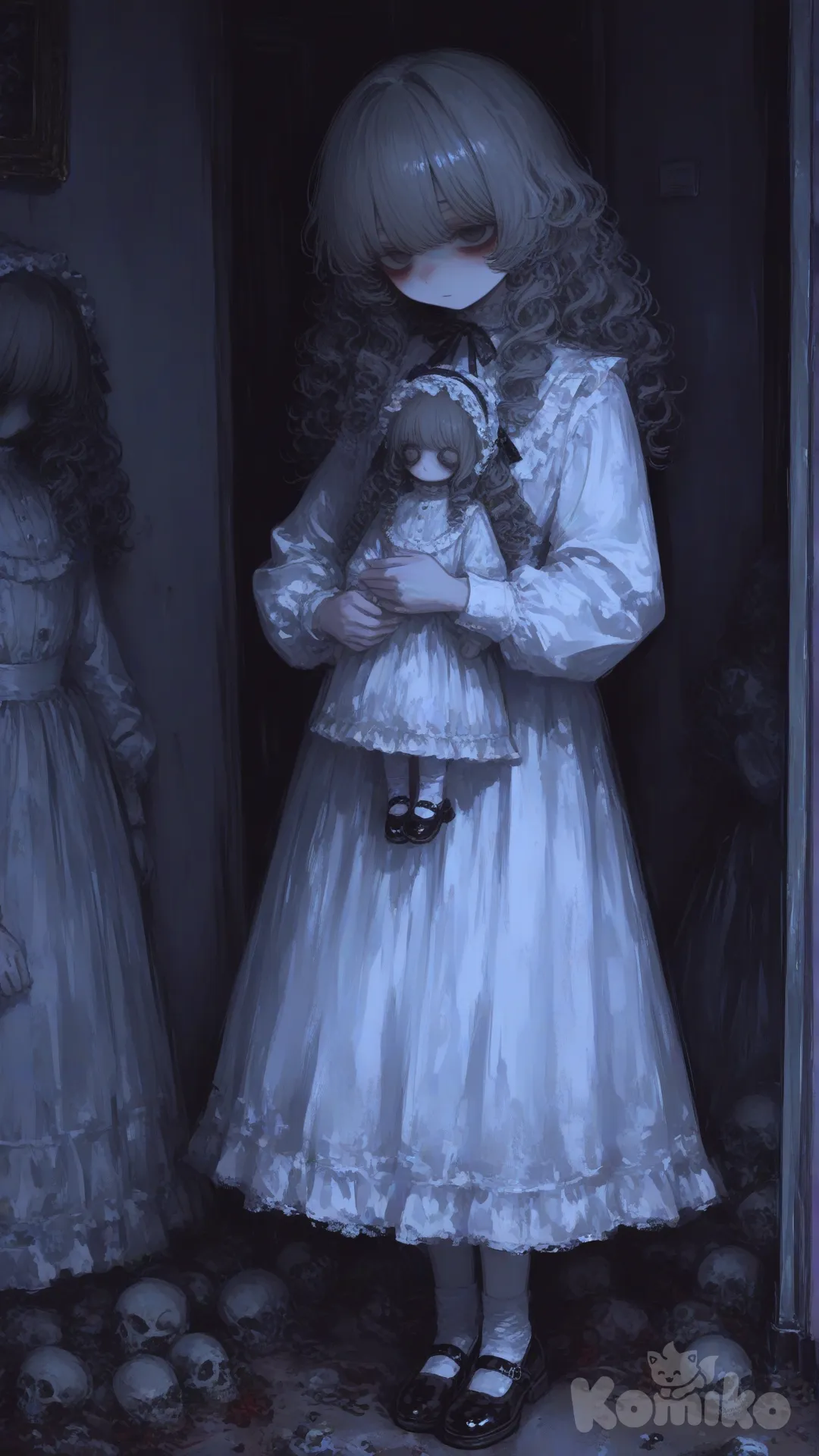 Chica pequeña, cabello gris muy rizado, vestido blanco antiguo, piel algo palida, sosteniendo una muñeca tetrica con cara de calavera y vestido antiguo fondo tétrico, de pie [sweet-painting-style]