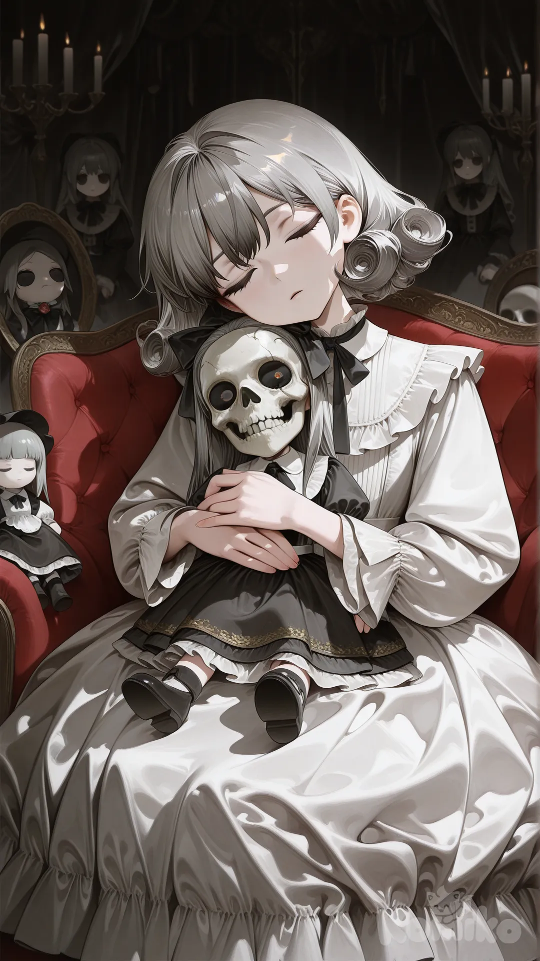 Chica pequeña, cabello gris rizado, dormida cabeza un poco hacia un lado, vestido blanco antiguo, piel algo palida, sosteniendo una muñeca tetrica con cara de calavera y vestido antiguo fondo tétrico , [high-gloss-illustration-style]