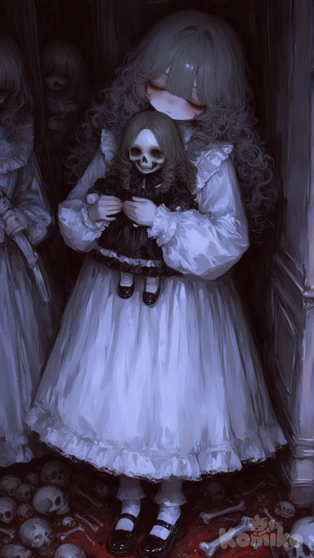Chica pequeña, cabello gris muy rizado, vestido blanco antiguo, ojos cerrados piel algo palida, sosteniendo una muñeca tetrica con cara de calavera pequeña y vestido antiguo fondo tétrico, de pie [sweet-painting-style]